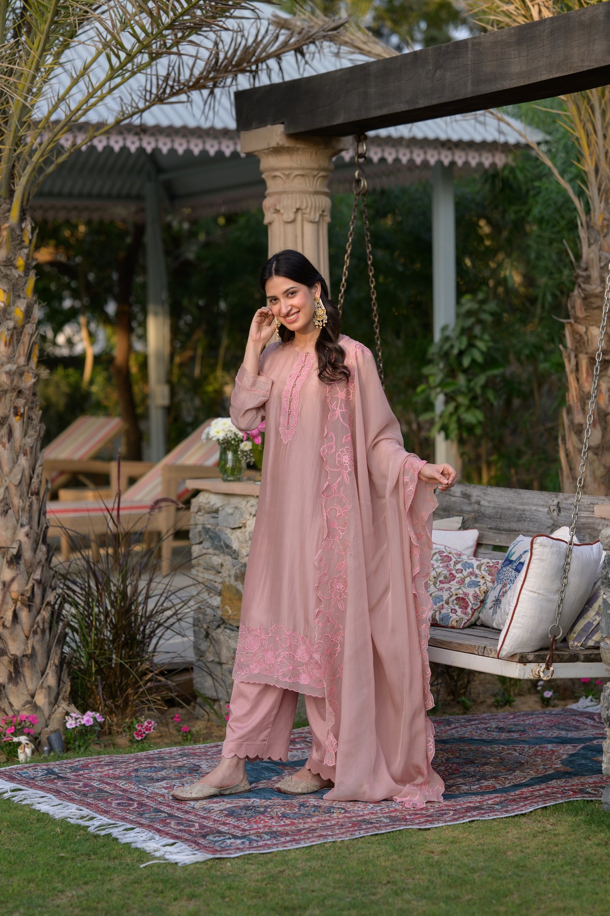 Peach Pink Organza Cut and Scallope Work with Thread Hand Work Embroidered Details