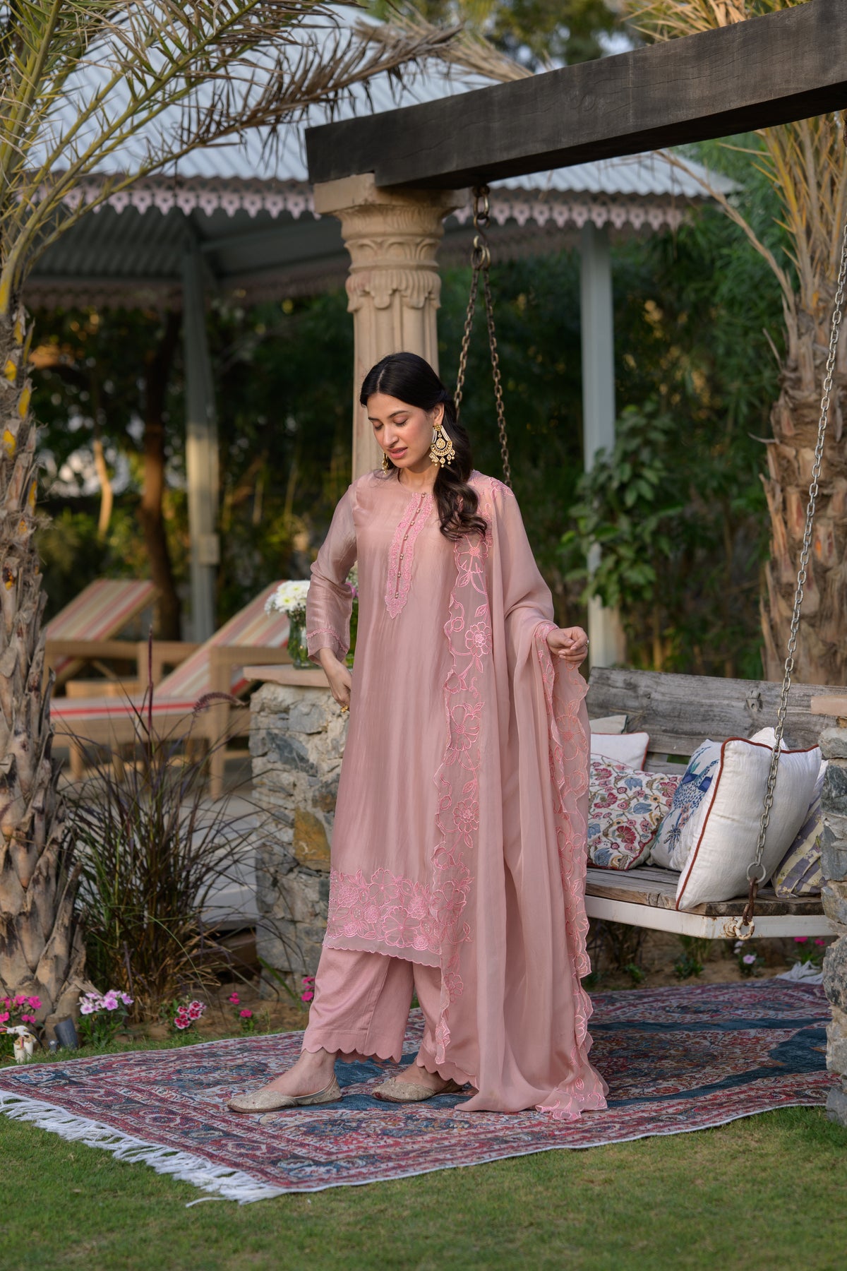 Peach Pink Organza Cut and Scallope Work with Thread Hand Work Embroidered Details