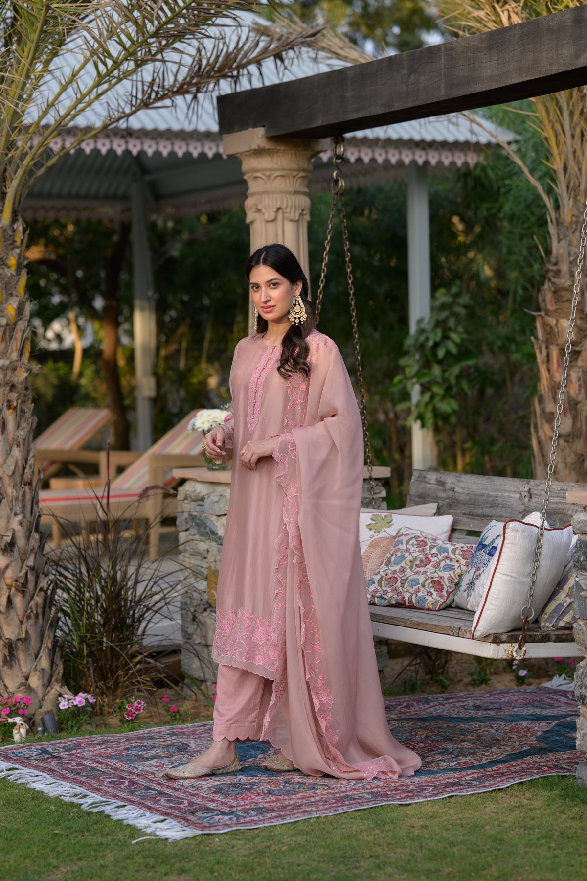Peach Pink Organza Cut and Scallope Work with Thread Hand Work Embroidered Details