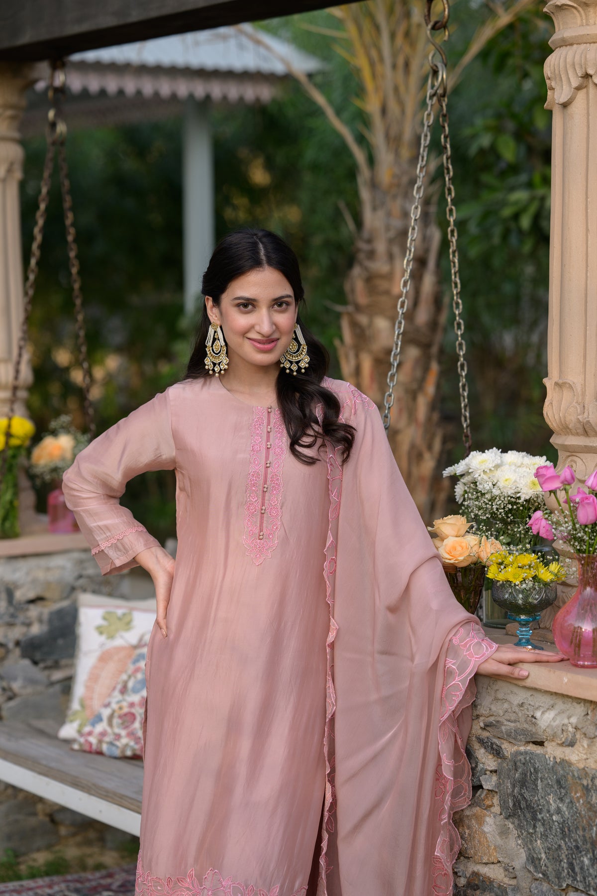 Peach Pink Organza Cut and Scallope Work with Thread Hand Work Embroidered Details