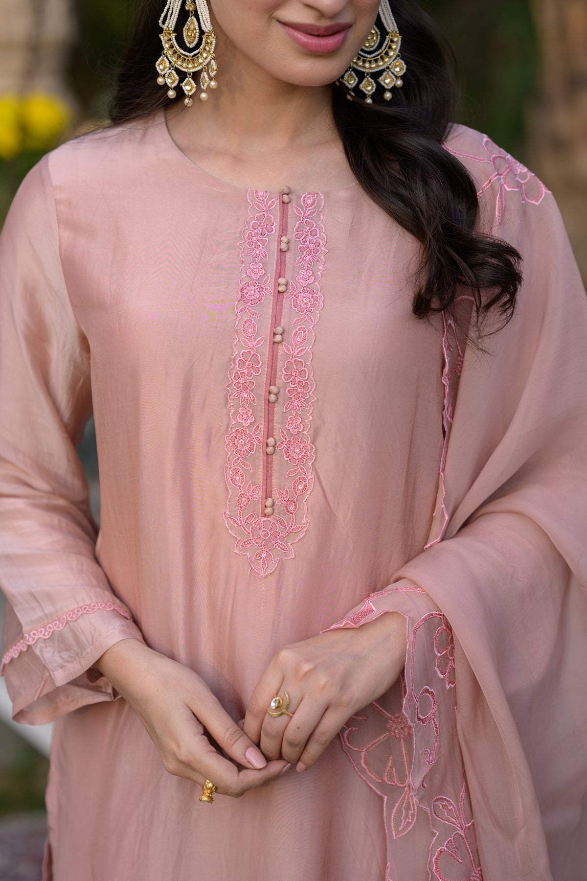 Peach Pink Organza Cut and Scallope Work with Thread Hand Work Embroidered Details