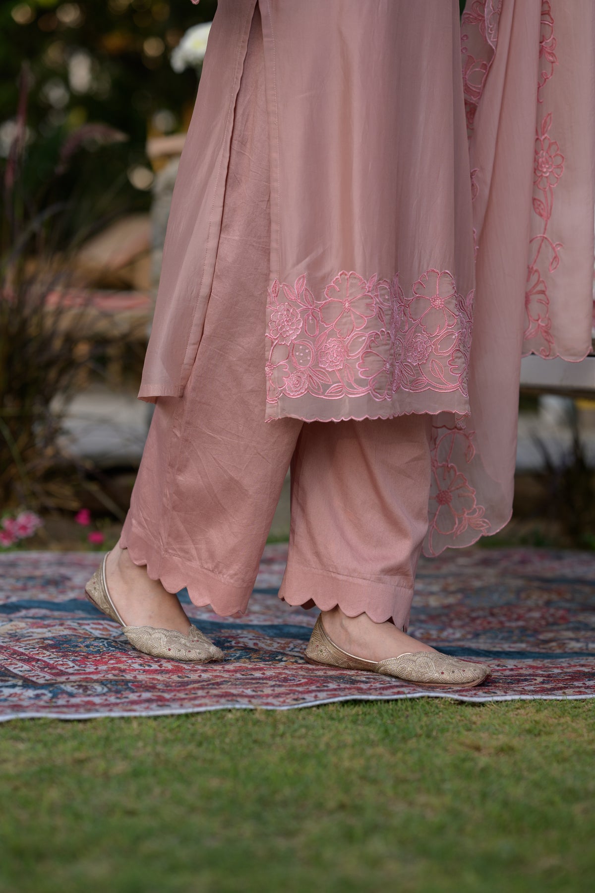 Peach Pink Organza Cut and Scallope Work with Thread Hand Work Embroidered Details