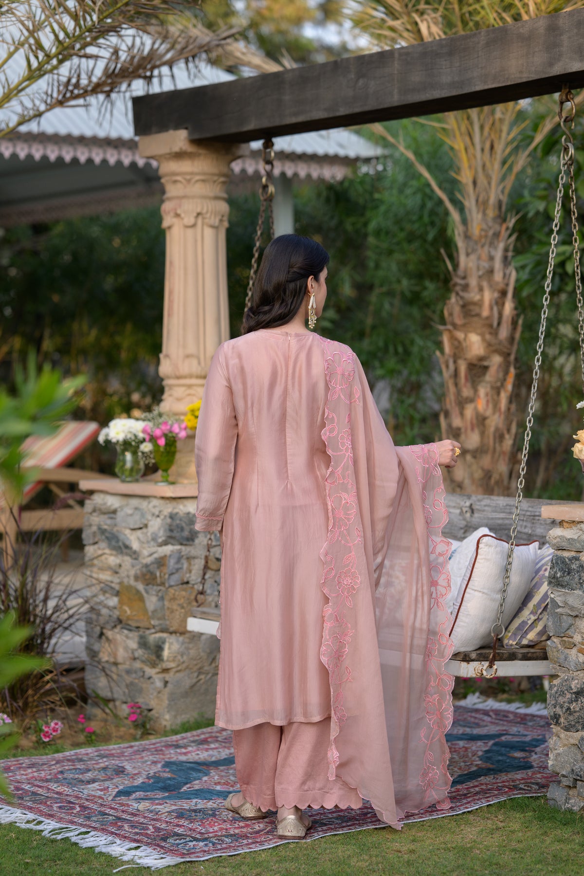 Peach Pink Organza Cut and Scallope Work with Thread Hand Work Embroidered Details