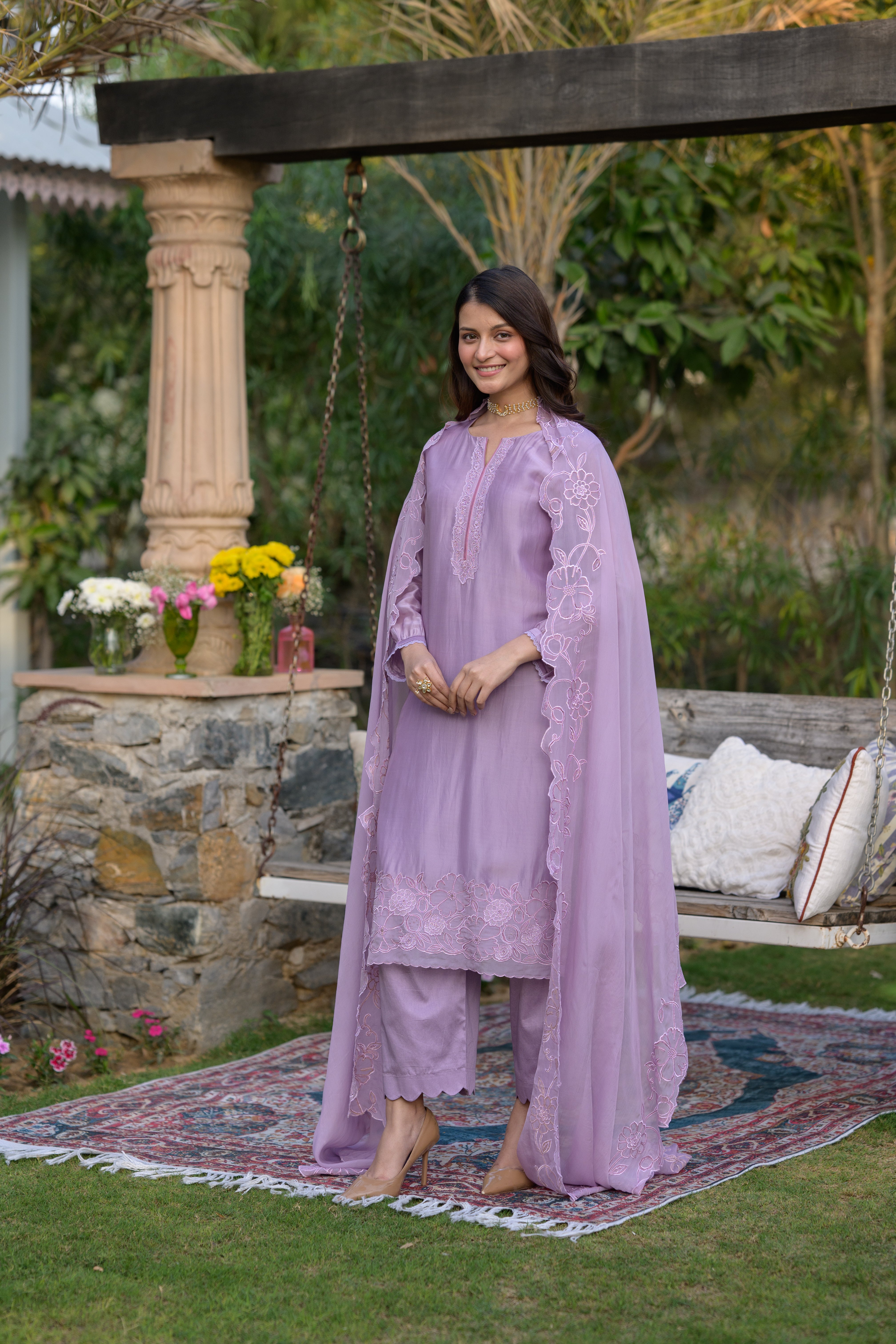 Lavender Pure Organza Cut and Scallope Work with Thread Hand Work Embroidered Details