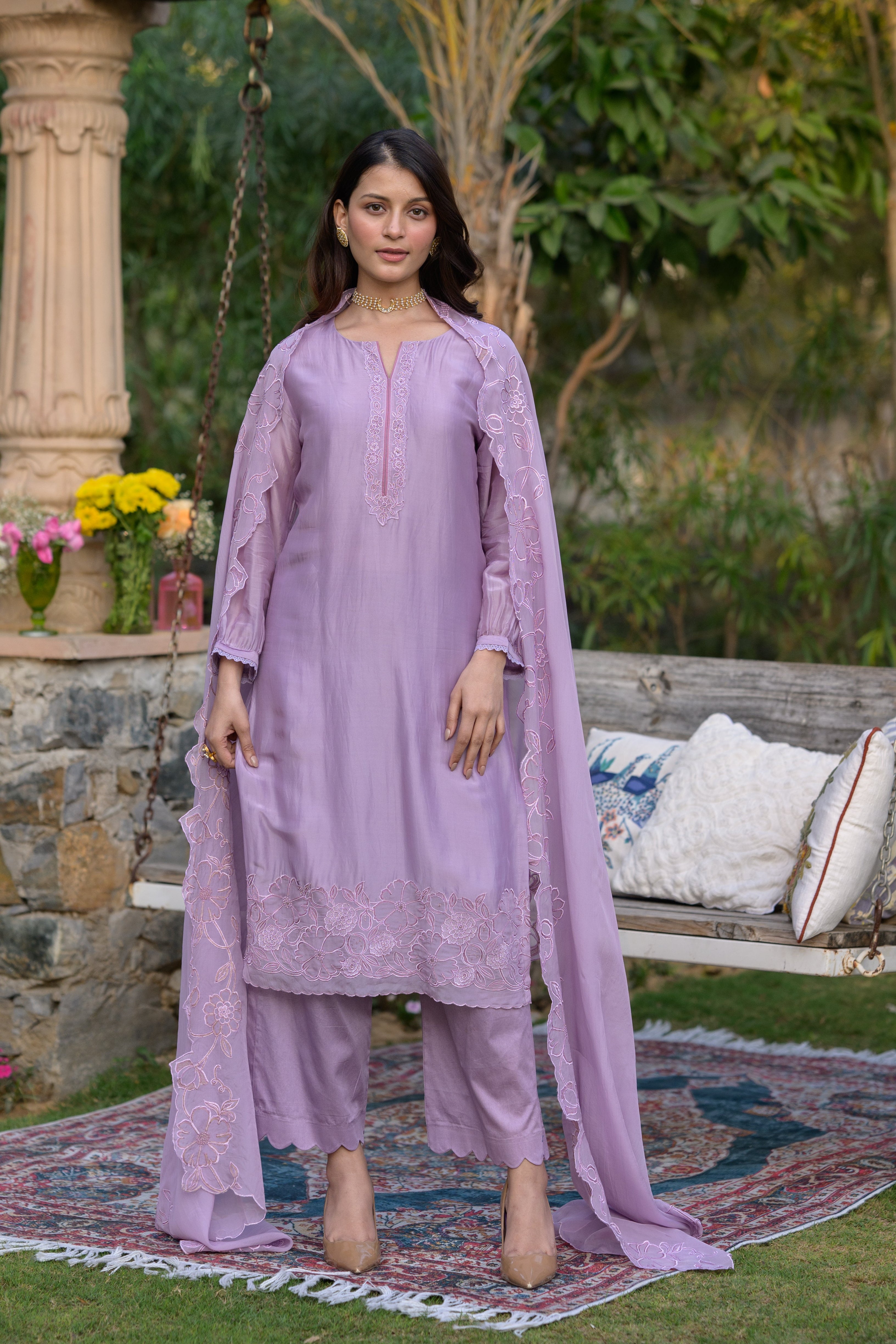 Lavender Pure Organza Cut and Scallope Work with Thread Hand Work Embroidered Details