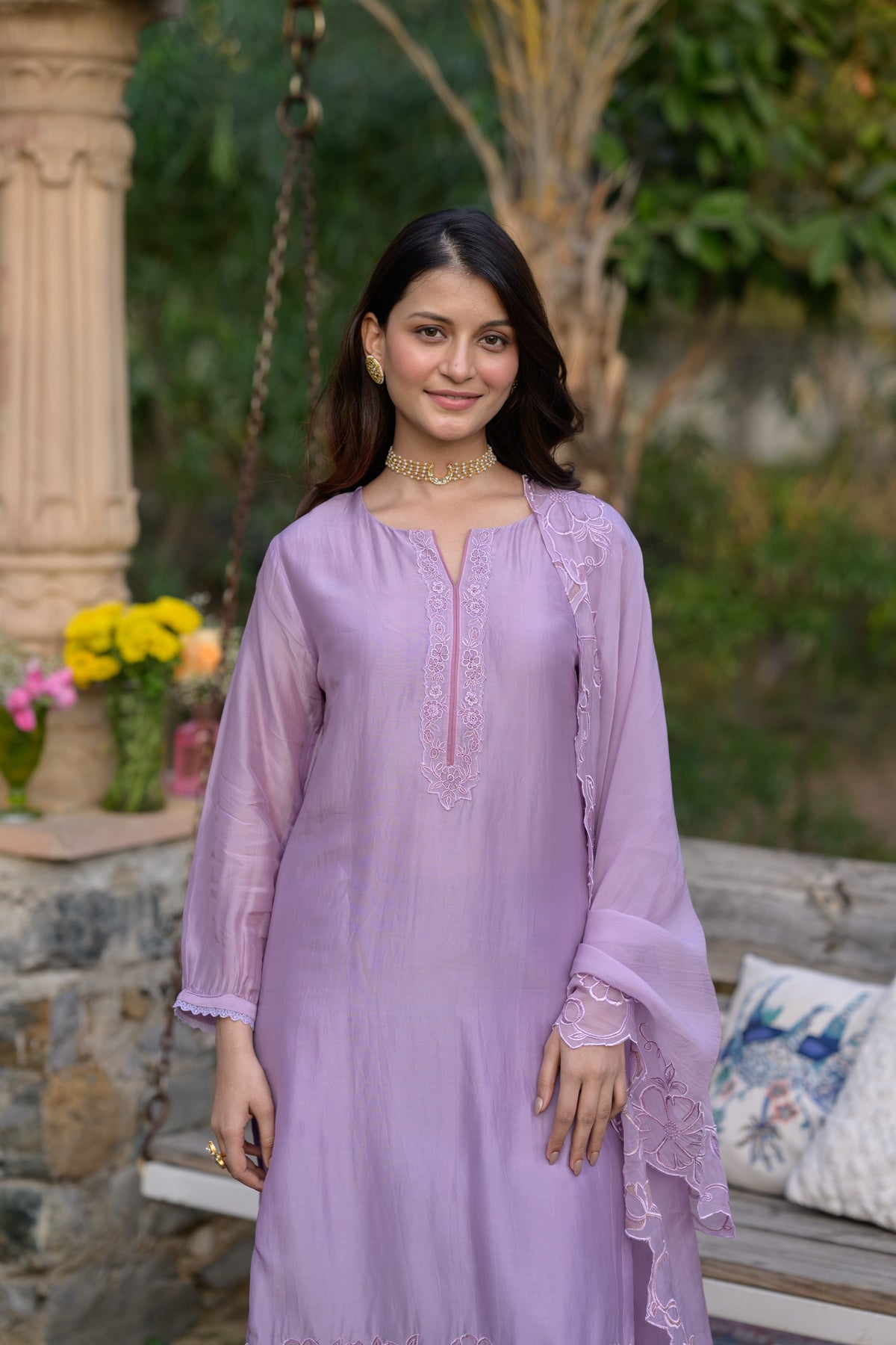 Lavender Pure Organza Cut and Scallope Work with Thread Hand Work Embroidered Details