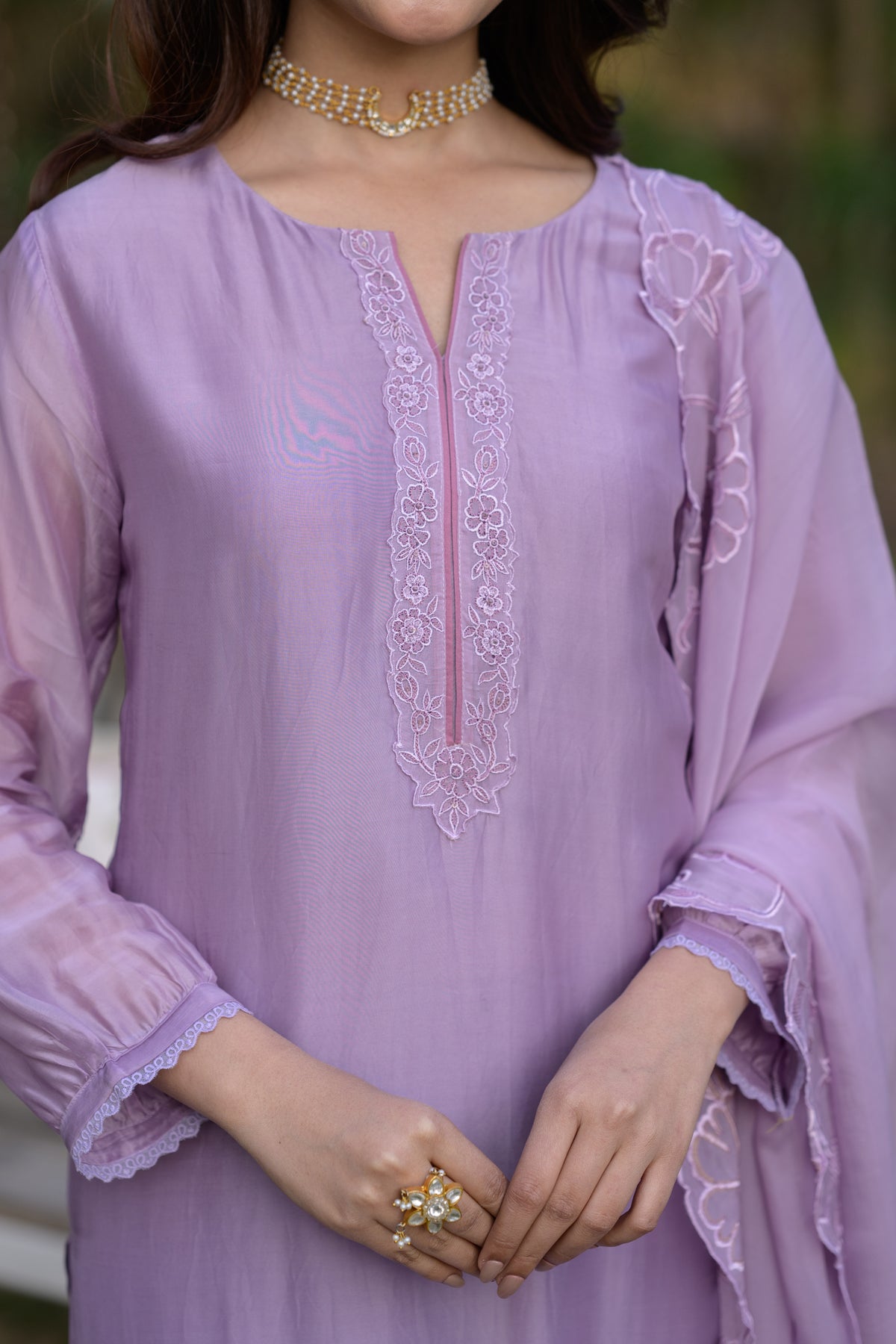 Lavender Pure Organza Cut and Scallope Work with Thread Hand Work Embroidered Details