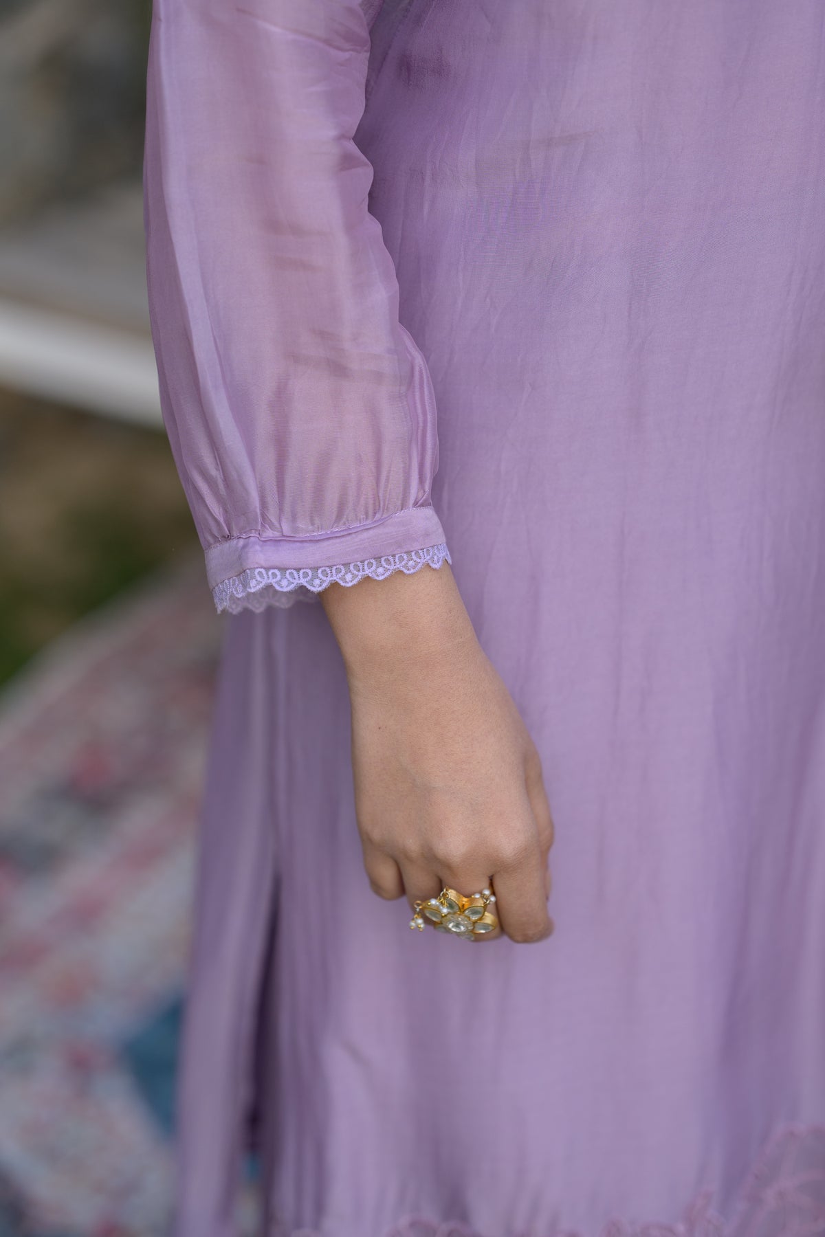 Lavender Pure Organza Cut and Scallope Work with Thread Hand Work Embroidered Details