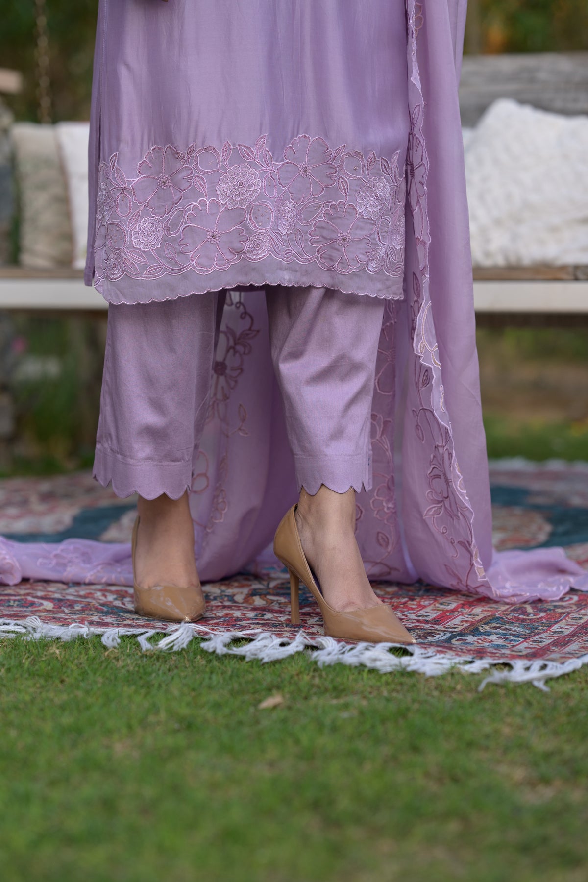 Lavender Pure Organza Cut and Scallope Work with Thread Hand Work Embroidered Details