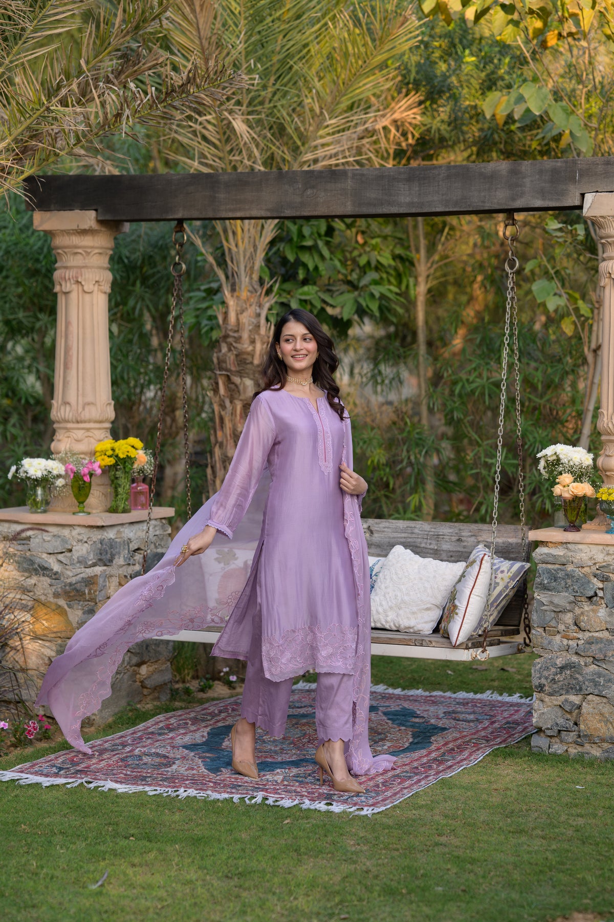 Lavender Pure Organza Cut and Scallope Work with Thread Hand Work Embroidered Details
