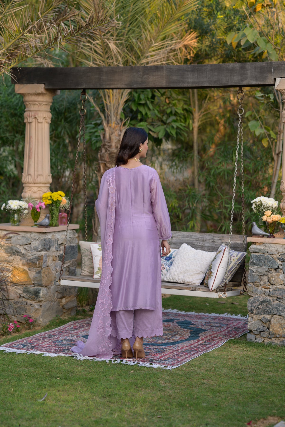 Lavender Pure Organza Cut and Scallope Work with Thread Hand Work Embroidered Details