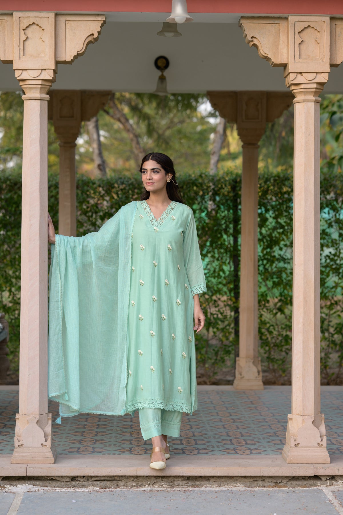 Light Turquoise Blue Mul Chanderi Thread Embroidery With lace on neck Suit Set with Kota Doriya Duppatta