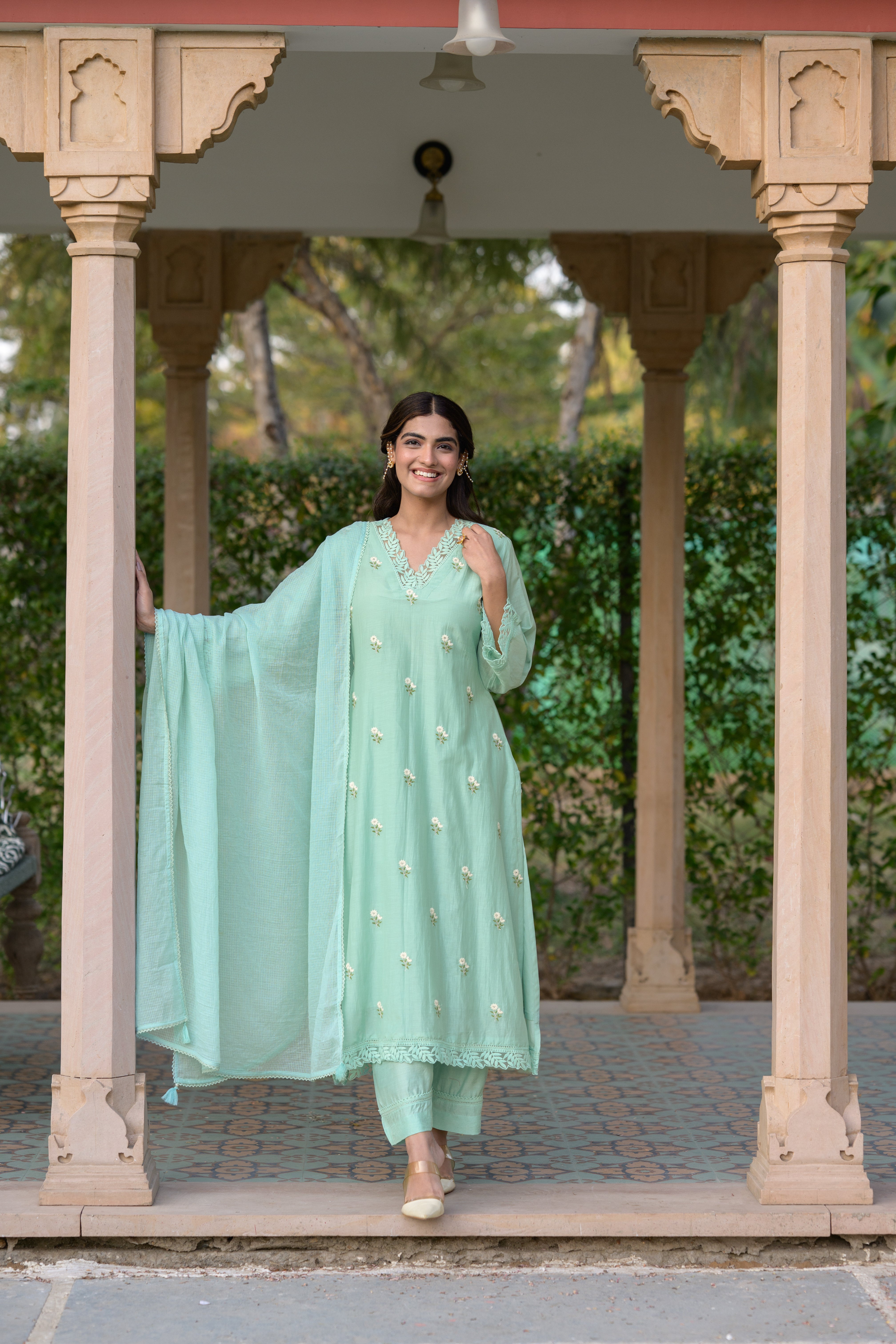 Light Turquoise Blue Mul Chanderi Thread Embroidery With lace on neck Suit Set with Kota Doriya Duppatta