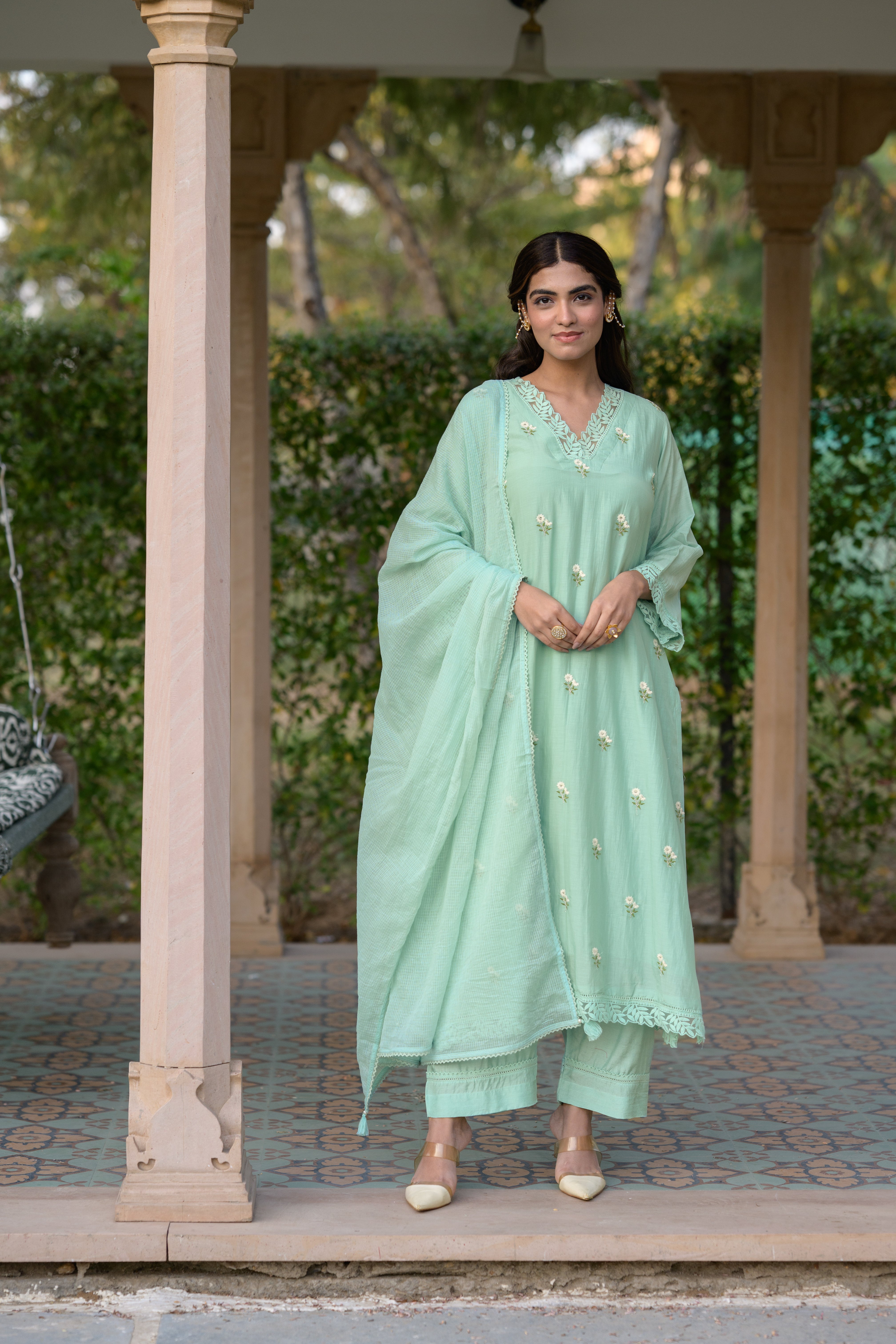 Light Turquoise Blue Mul Chanderi Thread Embroidery With lace on neck Suit Set with Kota Doriya Duppatta