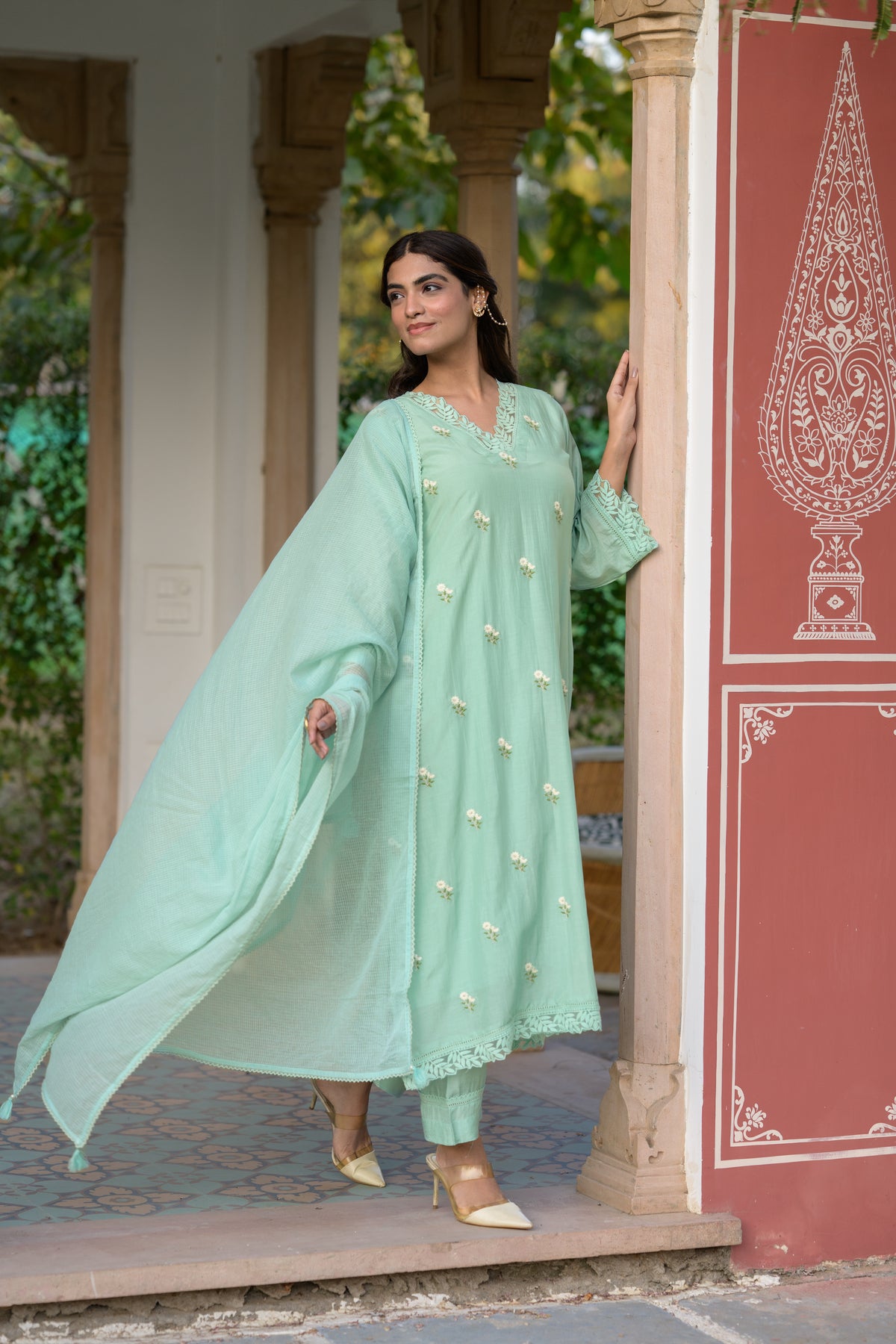 Light Turquoise Blue Mul Chanderi Thread Embroidery With lace on neck Suit Set with Kota Doriya Duppatta