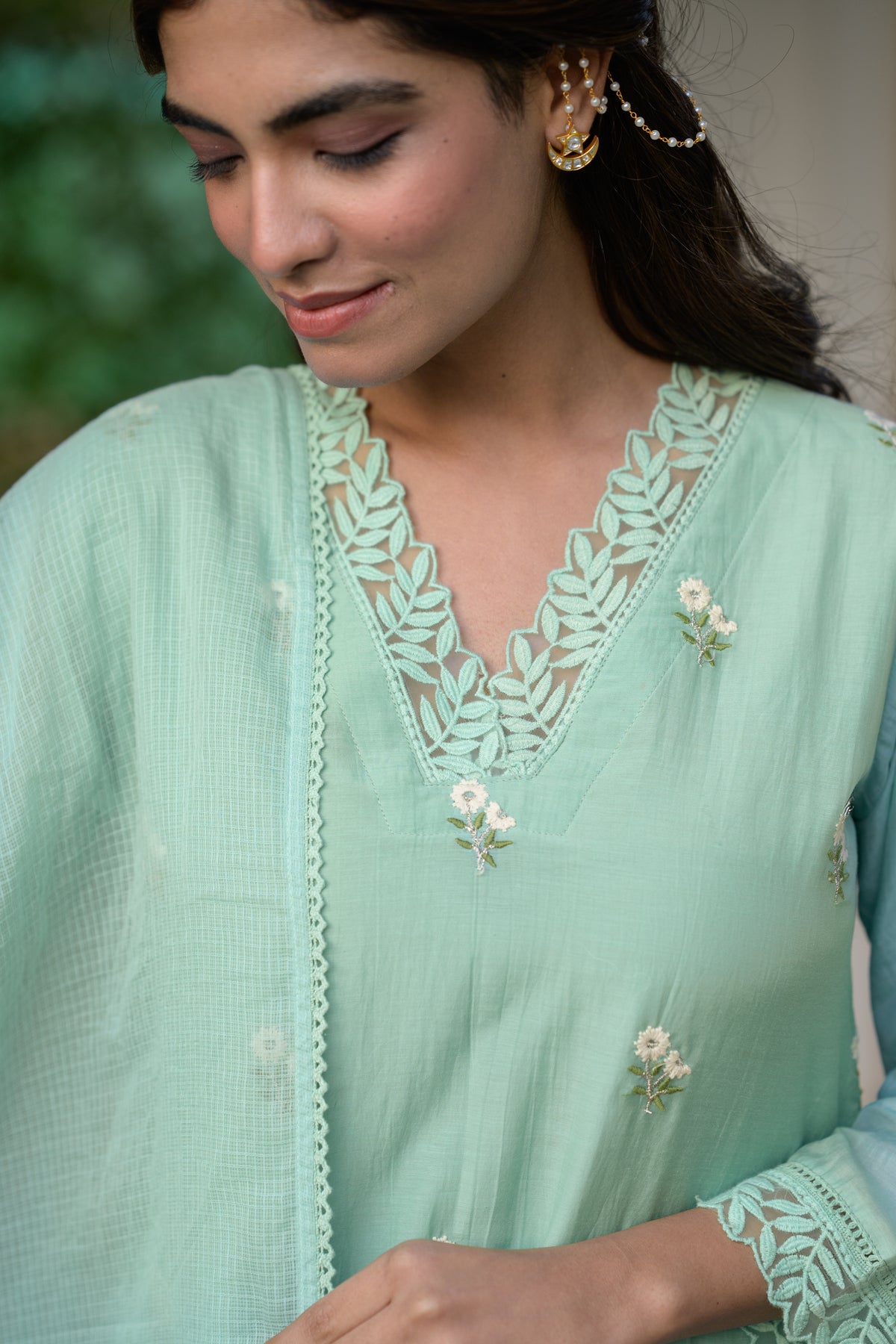 Light Turquoise Blue Mul Chanderi Thread Embroidery With lace on neck Suit Set with Kota Doriya Duppatta