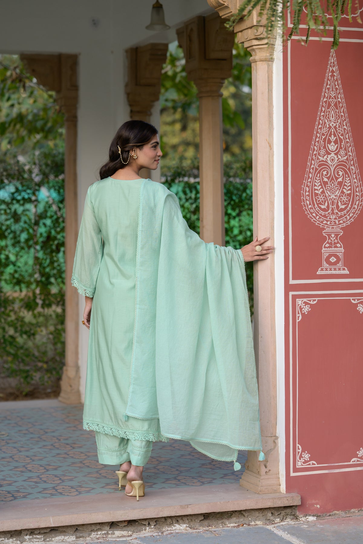 Light Turquoise Blue Mul Chanderi Thread Embroidery With lace on neck Suit Set with Kota Doriya Duppatta
