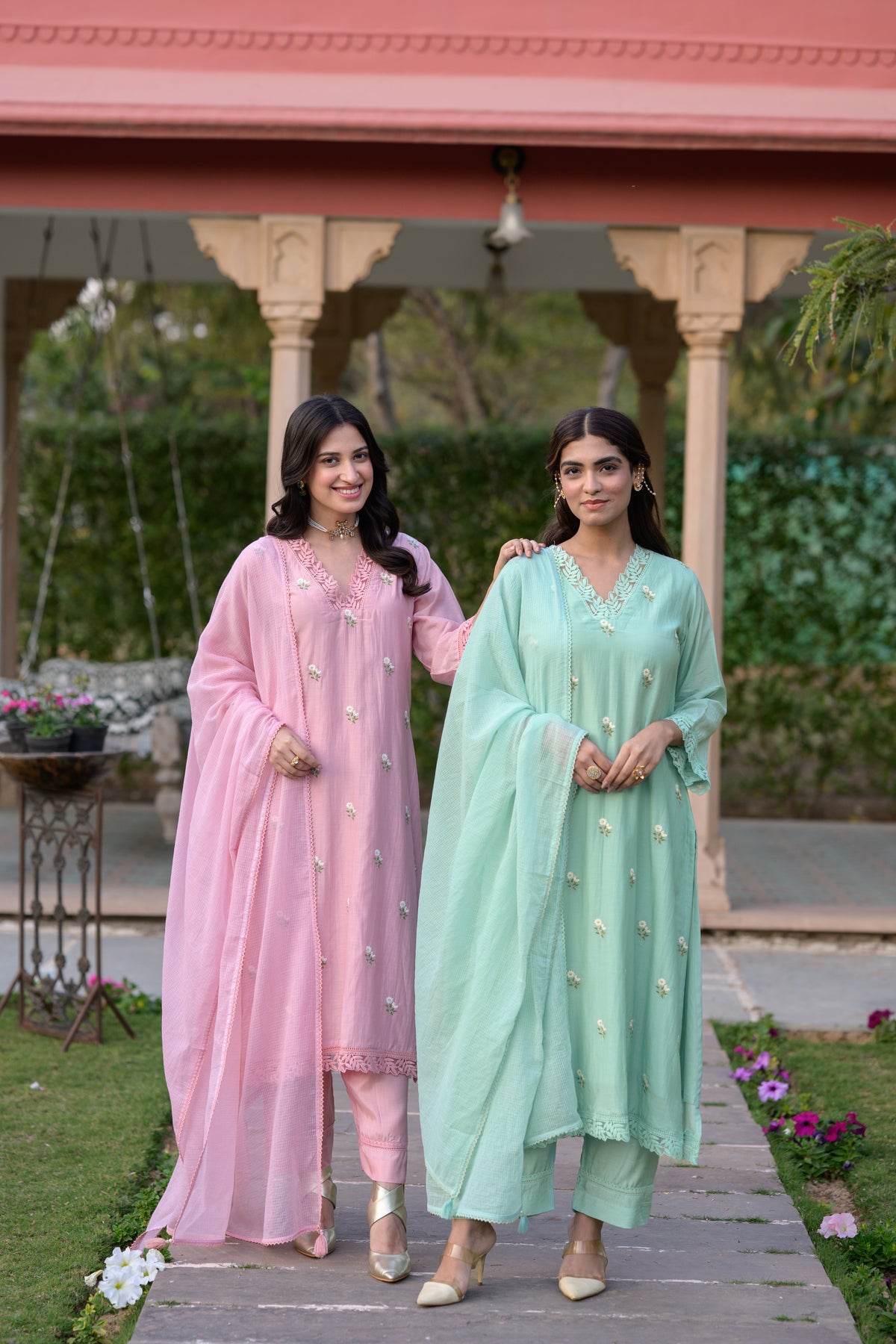 Light Turquoise Blue Mul Chanderi Thread Embroidery With lace on neck Suit Set with Kota Doriya Duppatta