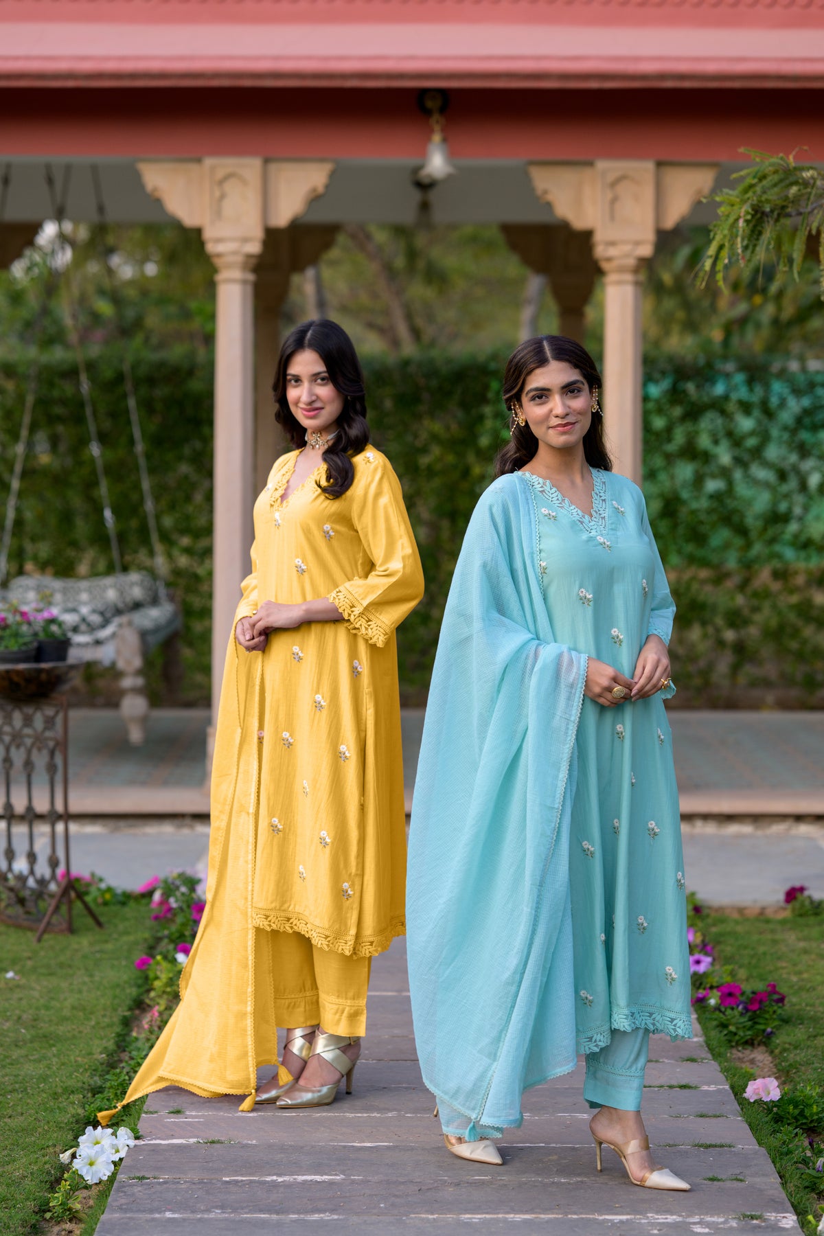 Light Yellow  Mul Chanderi Thread Embroidery With lace on neck Suit Set with Kota Doriya Duppatta