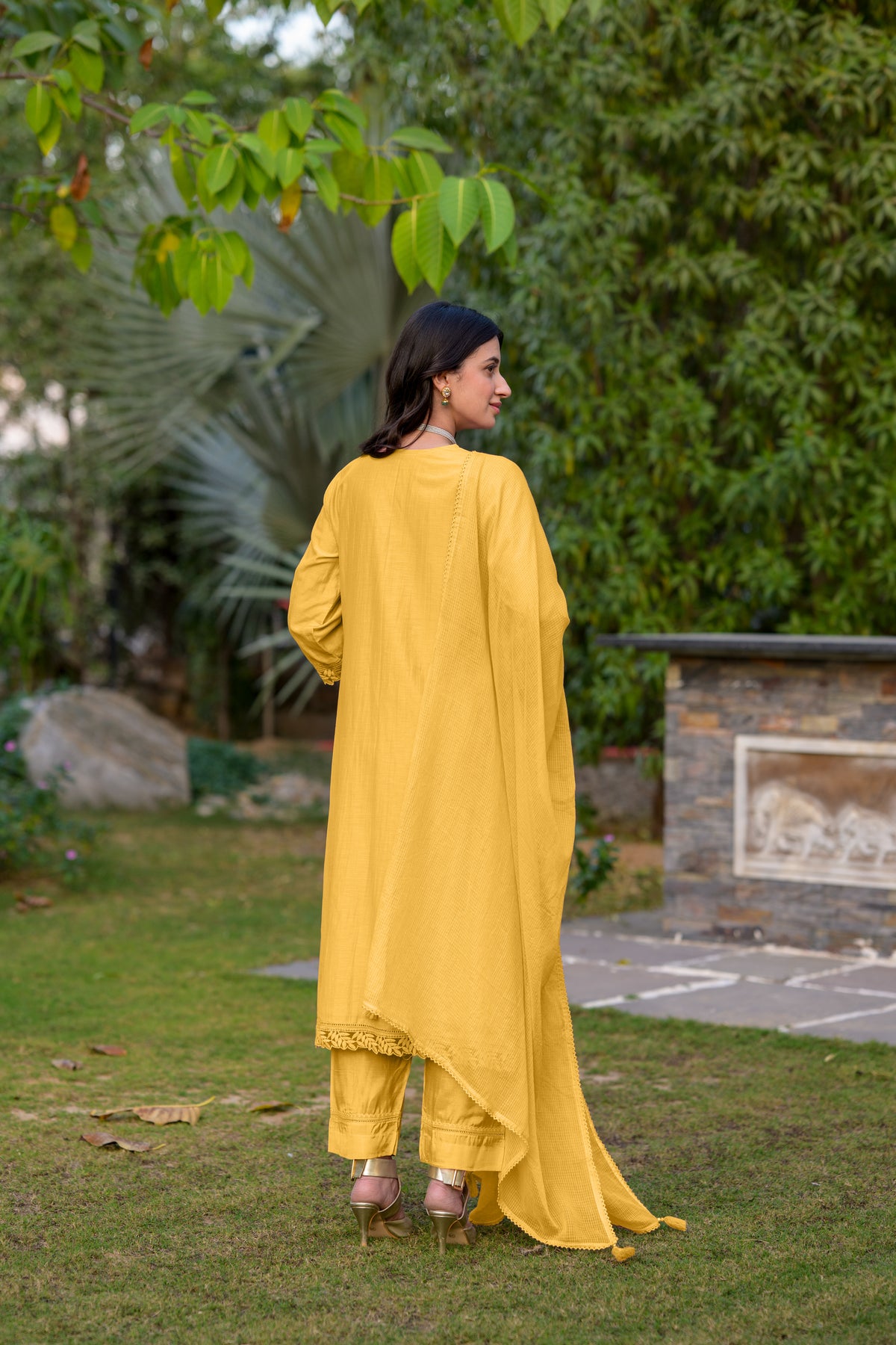 Light Yellow  Mul Chanderi Thread Embroidery With lace on neck Suit Set with Kota Doriya Duppatta