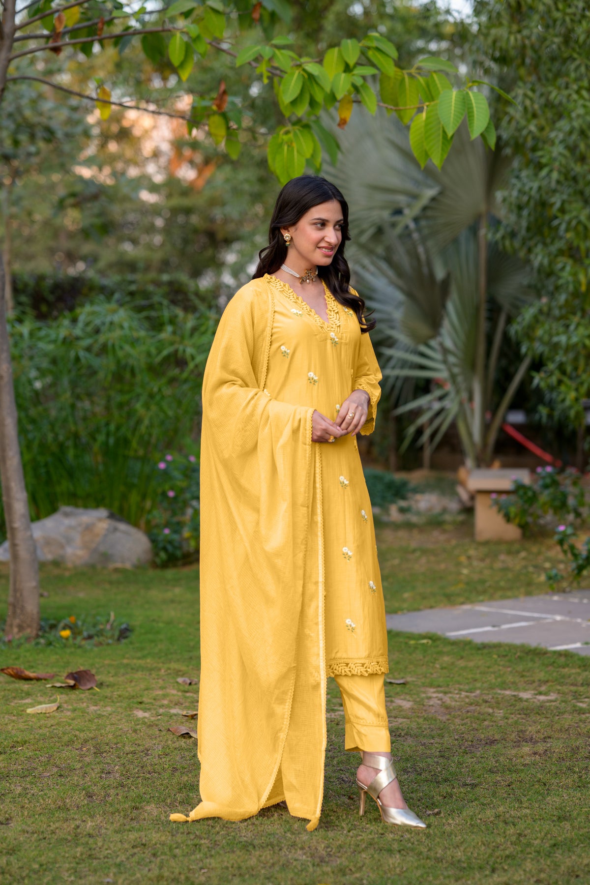 Light Yellow  Mul Chanderi Thread Embroidery With lace on neck Suit Set with Kota Doriya Duppatta