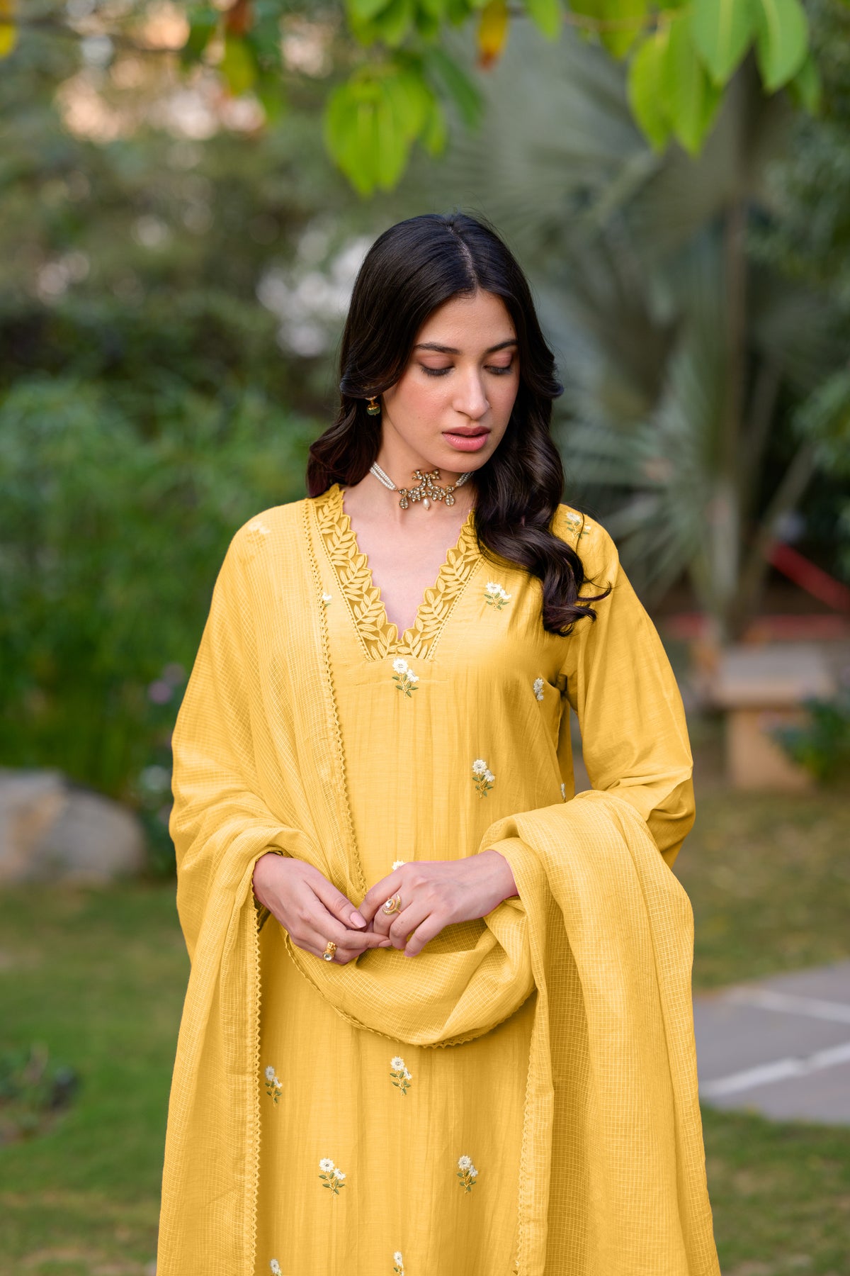 Light Yellow  Mul Chanderi Thread Embroidery With lace on neck Suit Set with Kota Doriya Duppatta