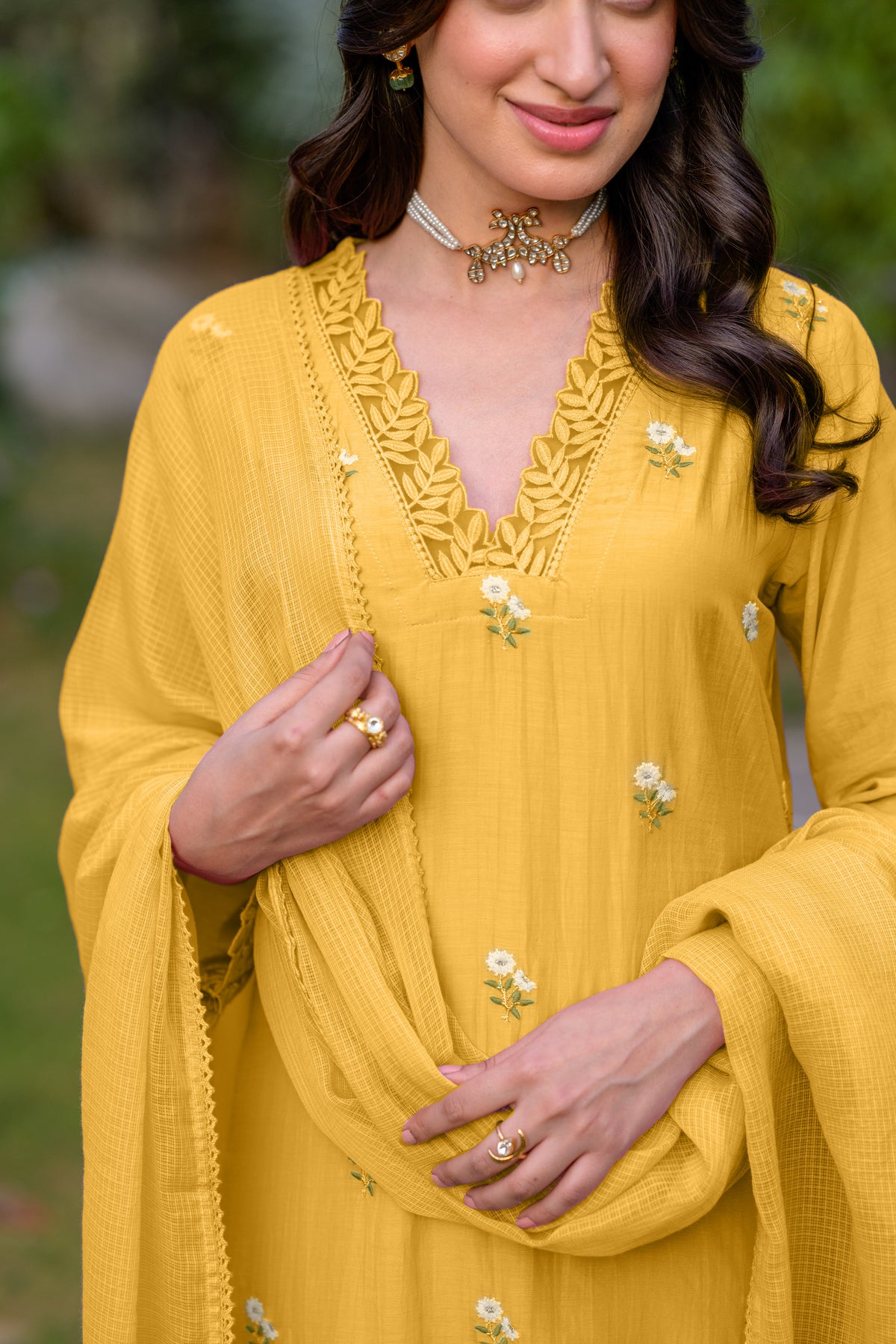 Light Yellow  Mul Chanderi Thread Embroidery With lace on neck Suit Set with Kota Doriya Duppatta