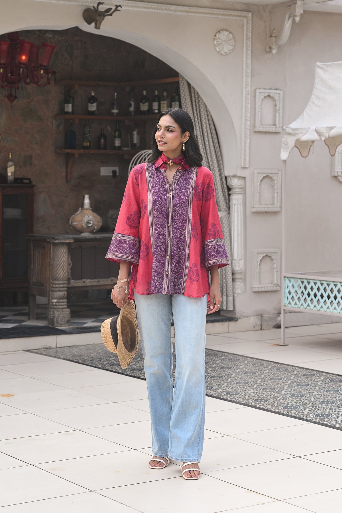 Pink and Purple Block Panel Print Mul Chanderi Shirt