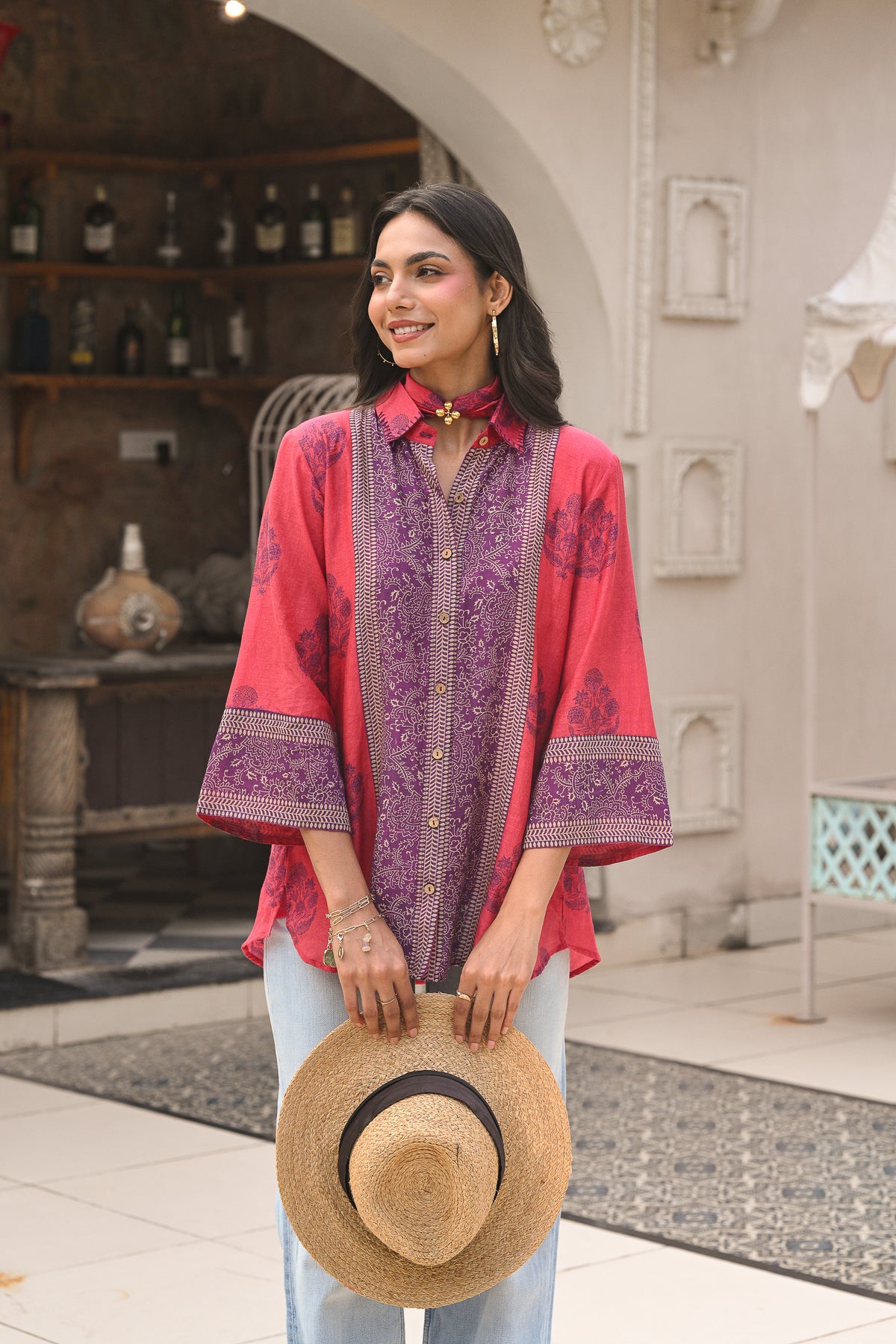Pink and Purple Block Panel Print Mul Chanderi Shirt