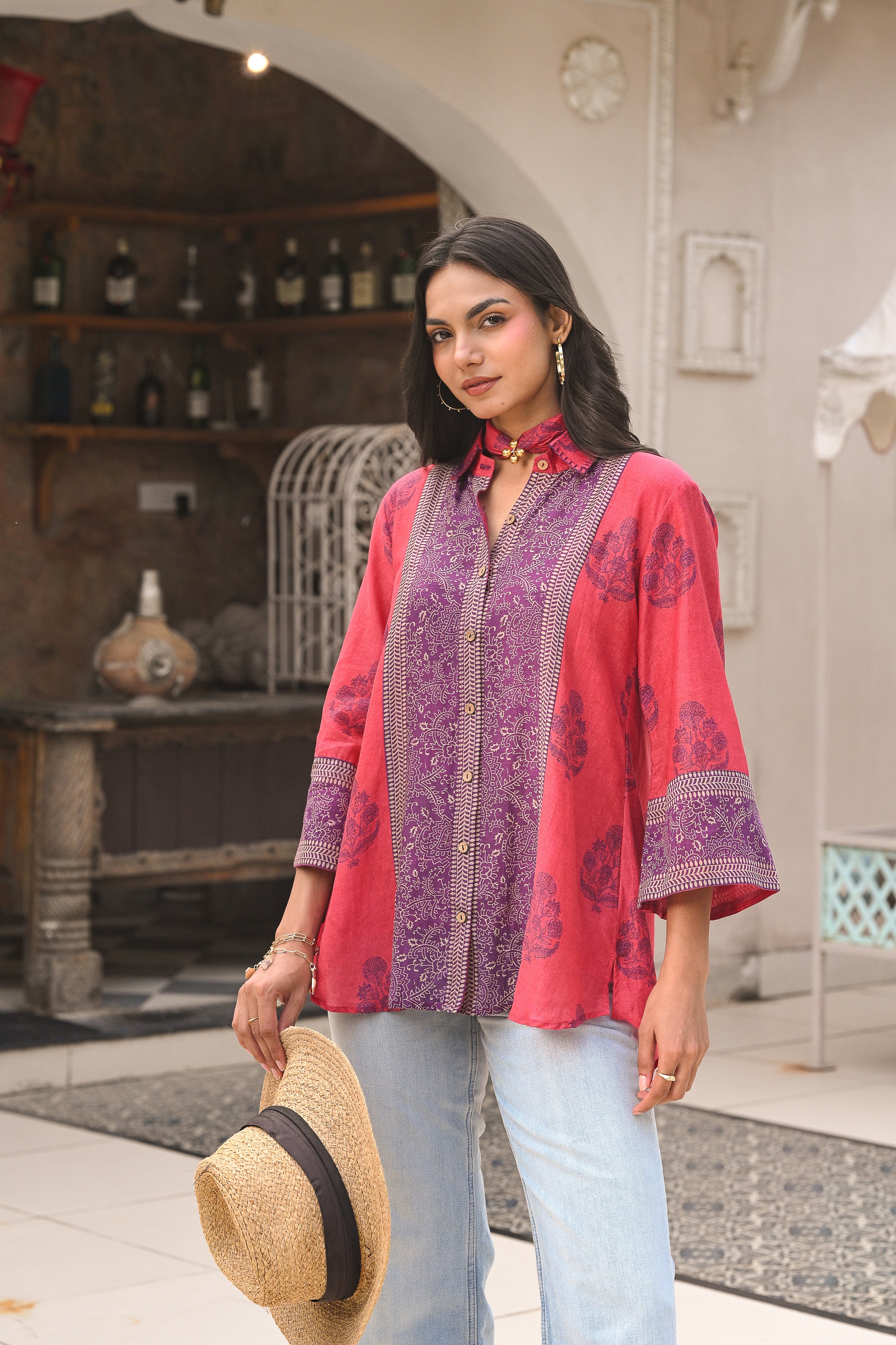 Pink and Purple Block Panel Print Mul Chanderi Shirt