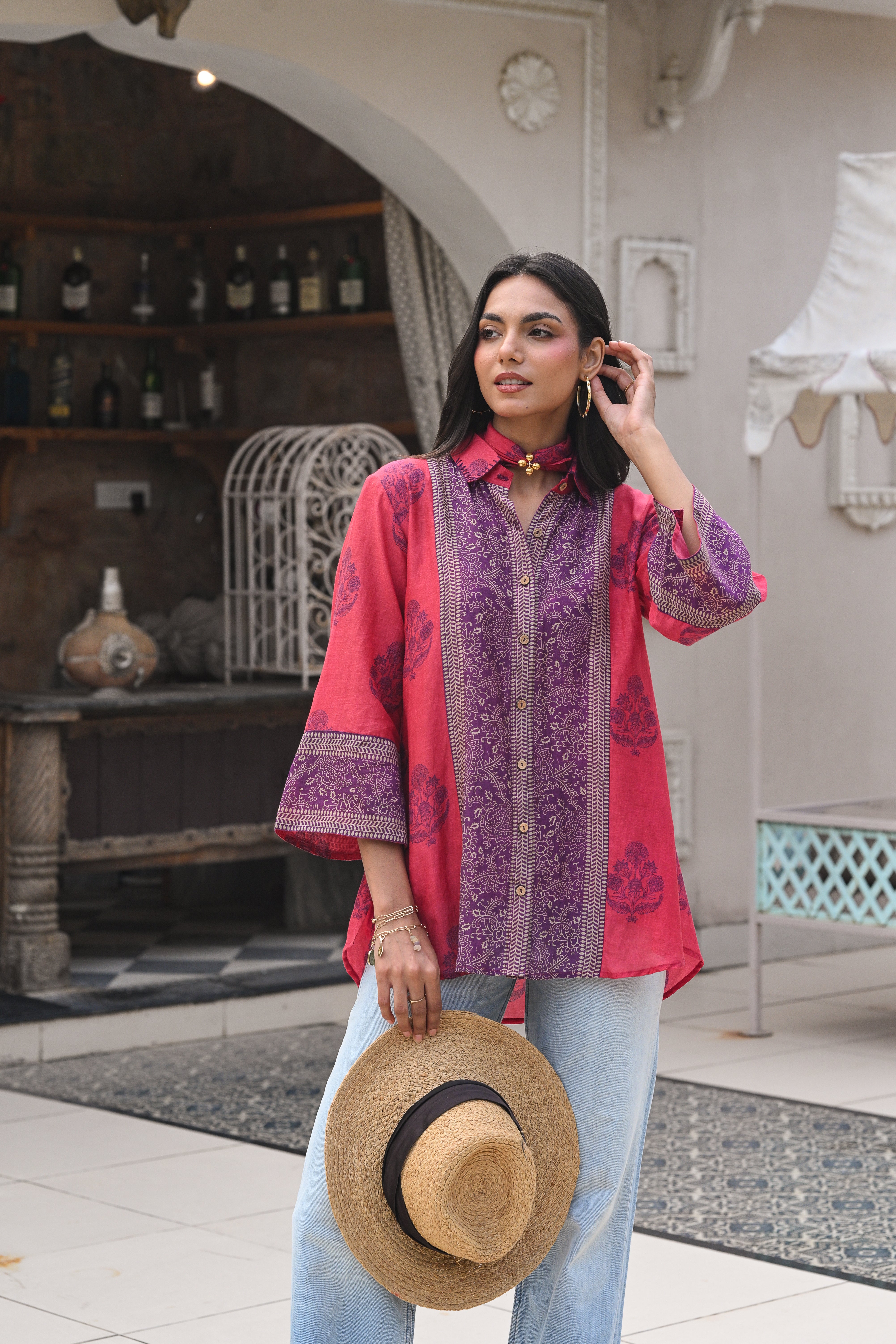 Pink and Purple Block Panel Print Mul Chanderi Shirt
