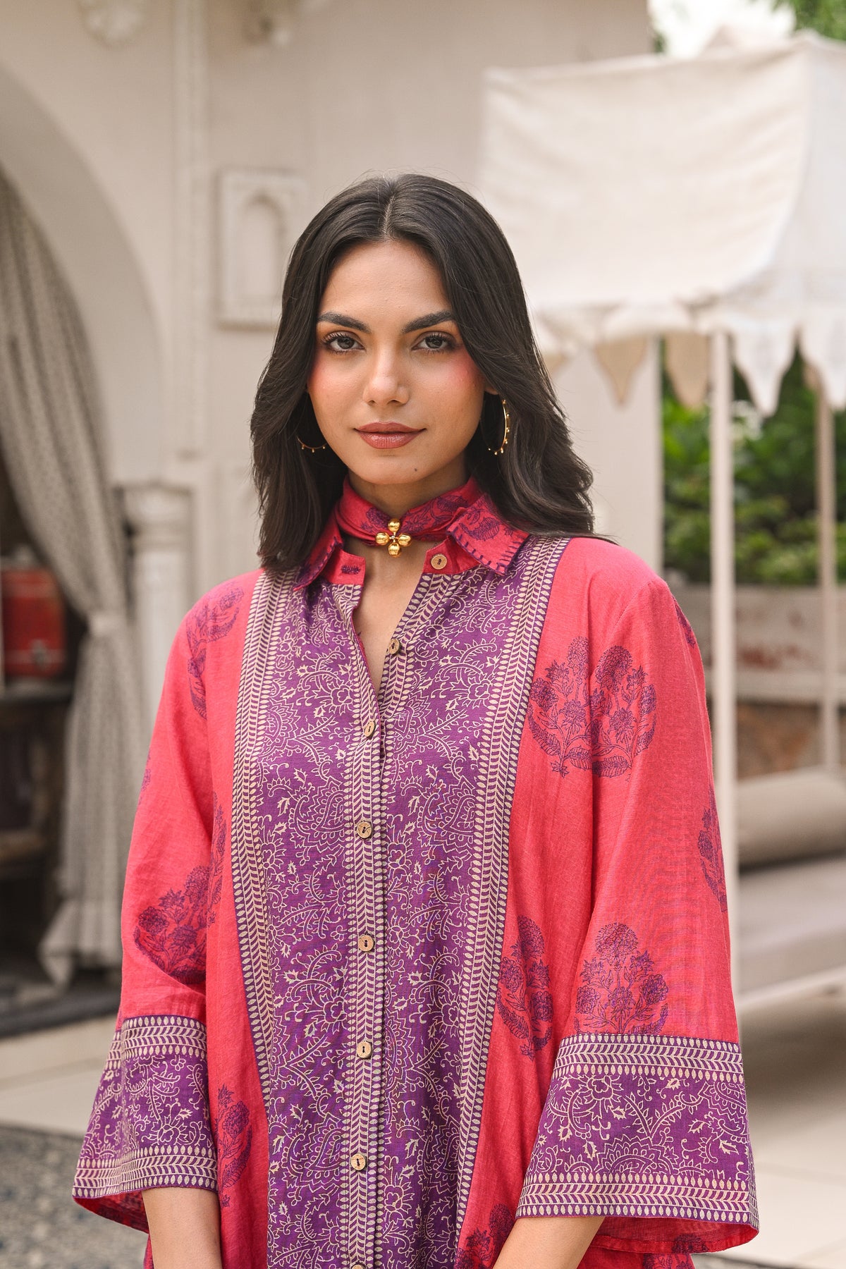 Pink and Purple Block Panel Print Mul Chanderi Shirt