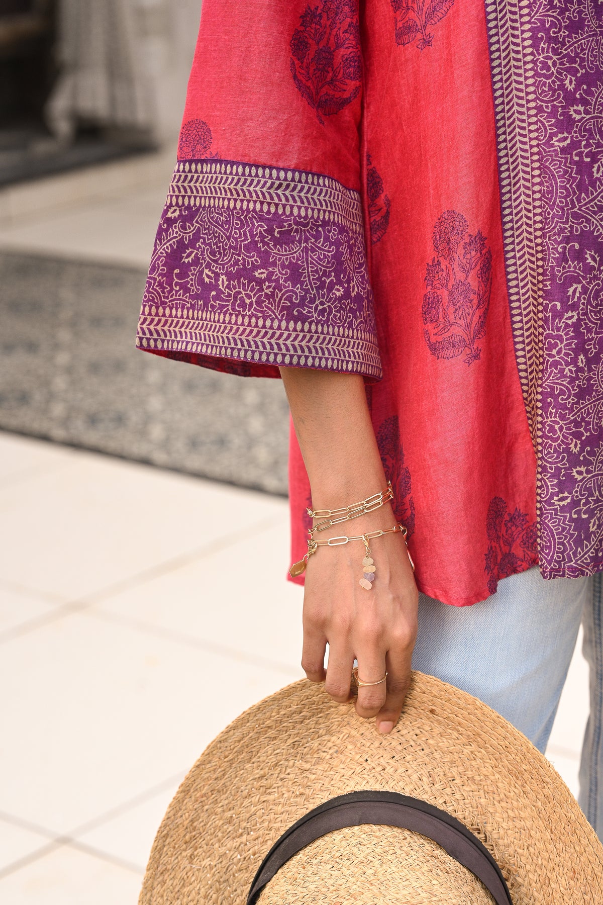 Pink and Purple Block Panel Print Mul Chanderi Shirt