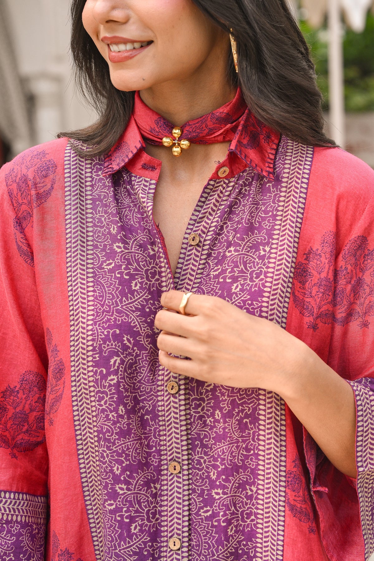 Pink and Purple Block Panel Print Mul Chanderi Shirt