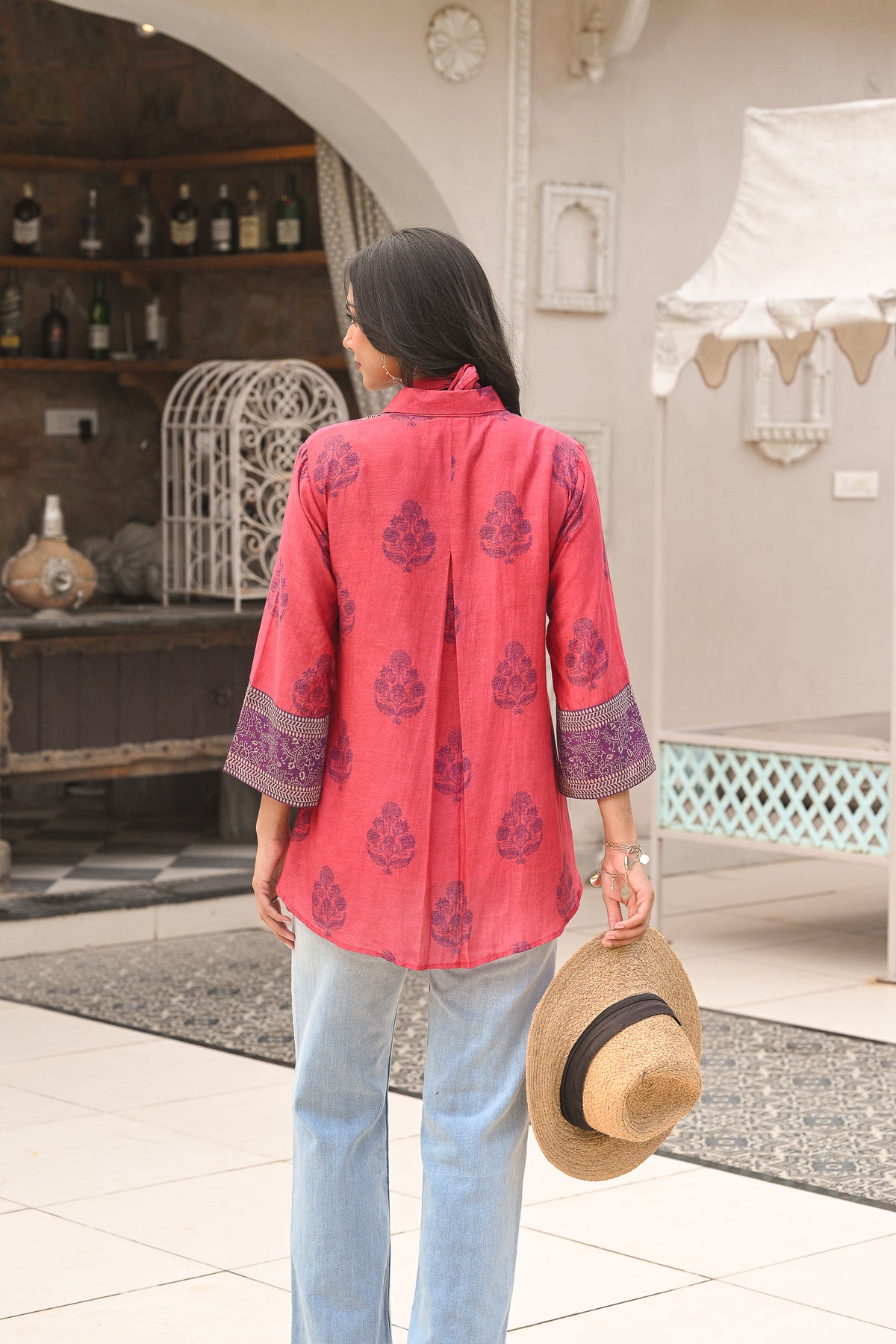 Pink and Purple Block Panel Print Mul Chanderi Shirt