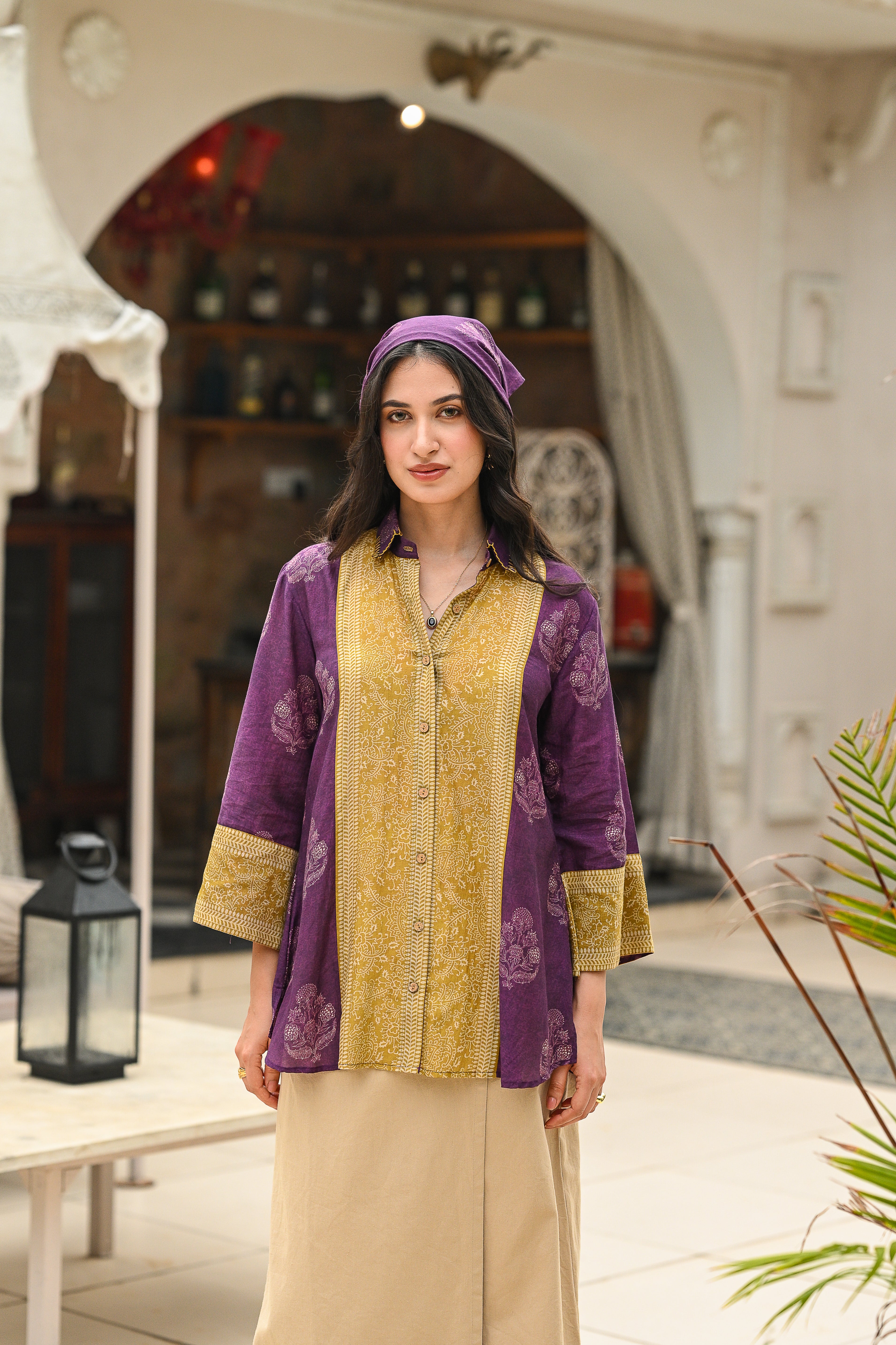 Purple and Mustard Block Panel Print Mul Chanderi Shirt