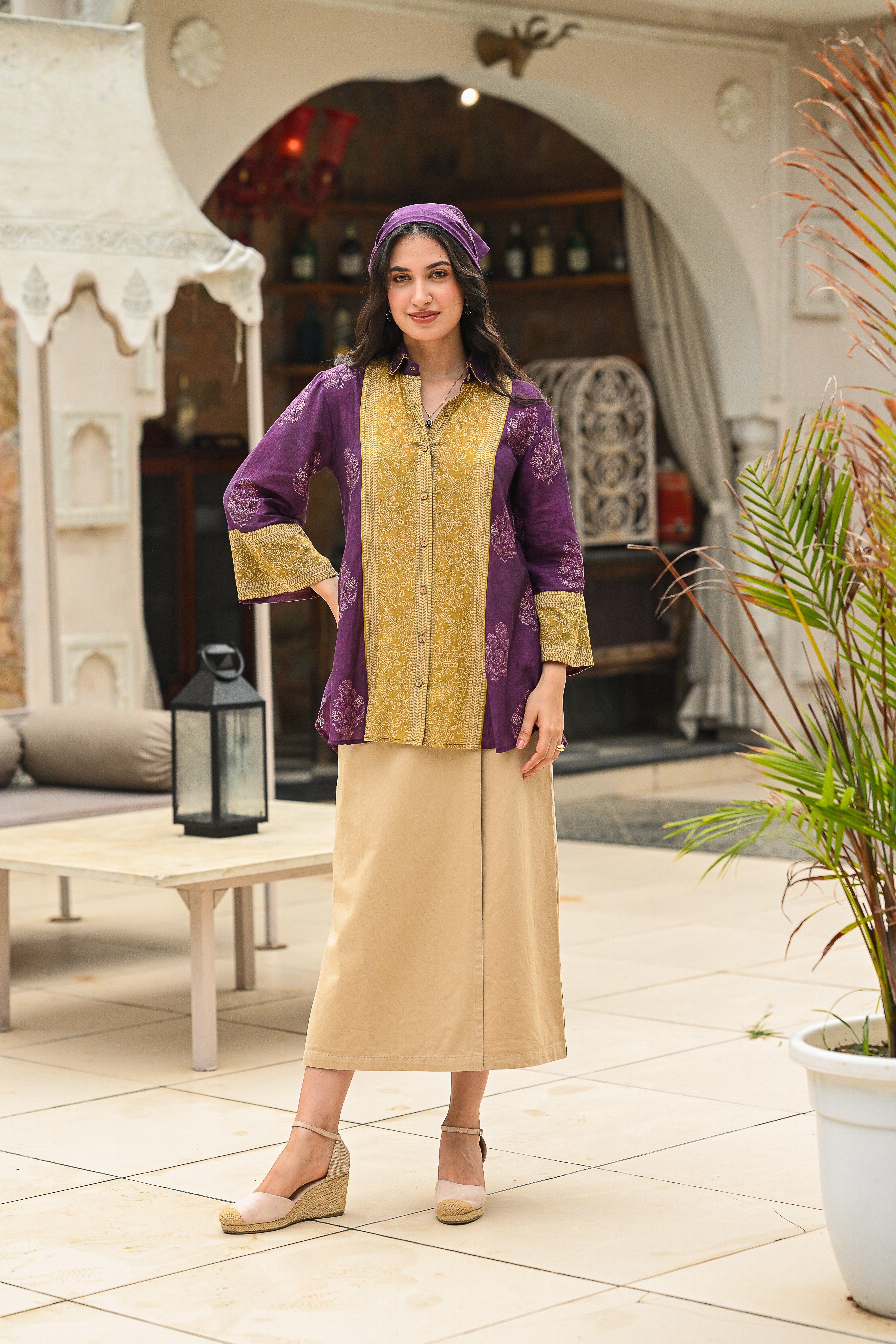Purple and Mustard Block Panel Print Mul Chanderi Shirt