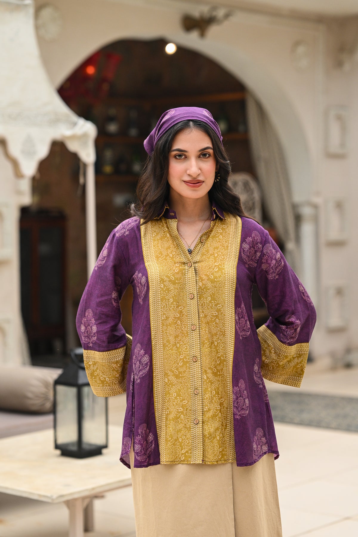 Purple and Mustard Block Panel Print Mul Chanderi Shirt