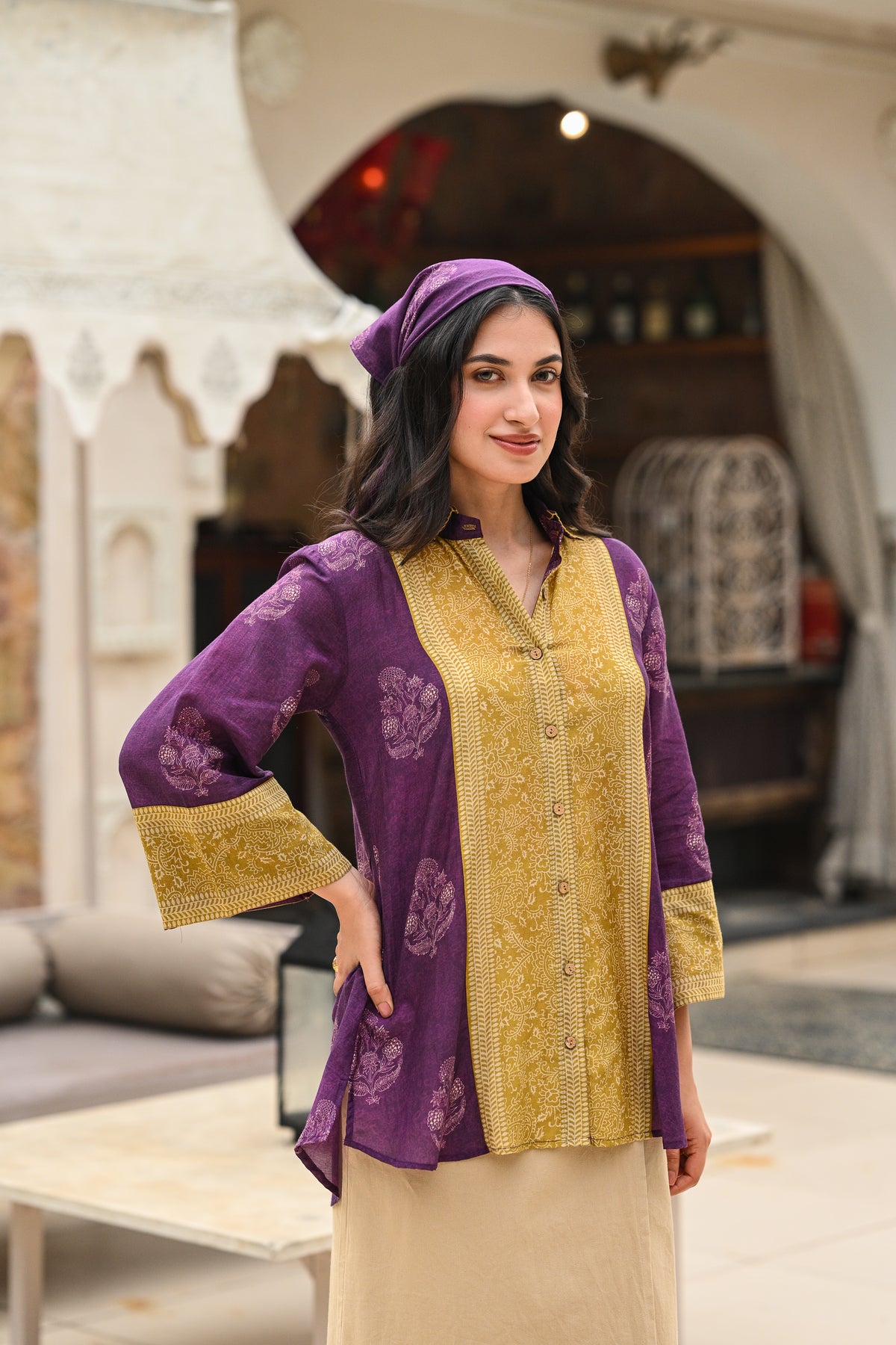Purple and Mustard Block Panel Print Mul Chanderi Shirt