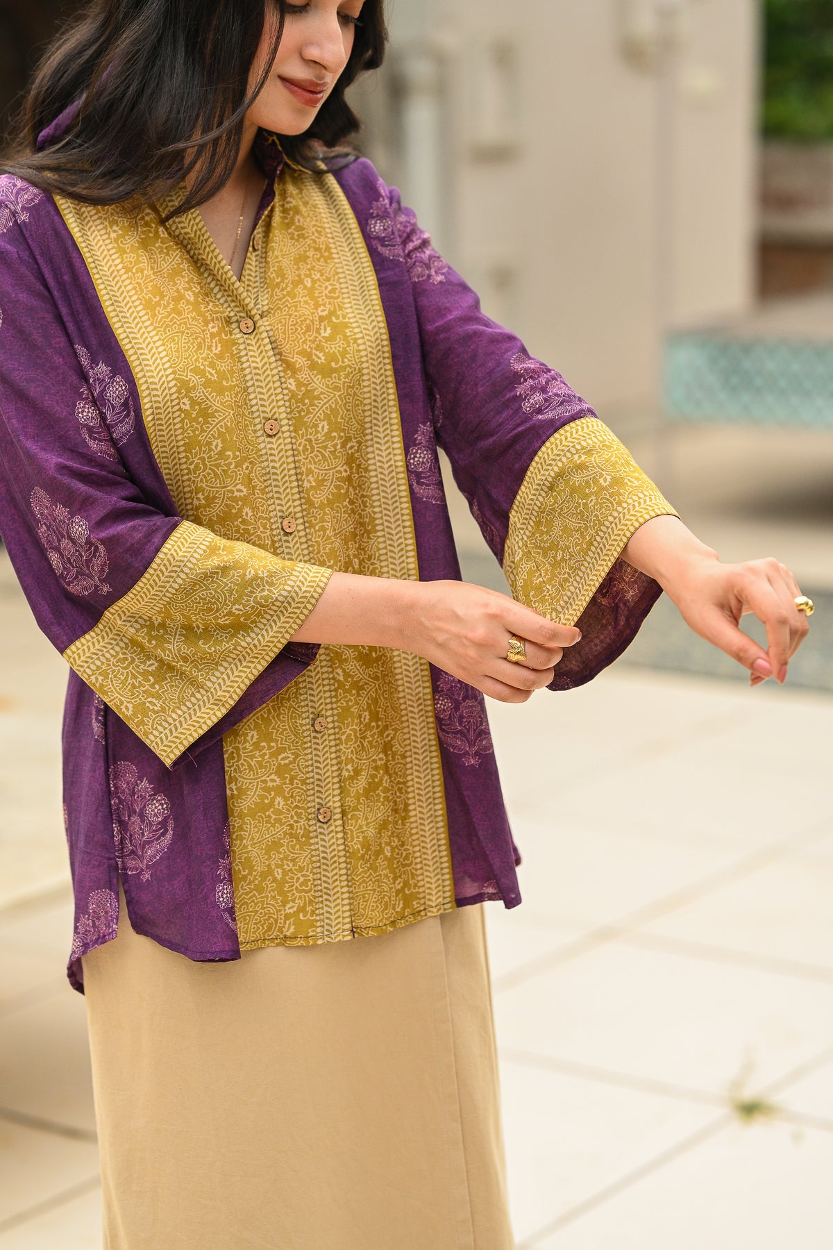 Purple and Mustard Block Panel Print Mul Chanderi Shirt
