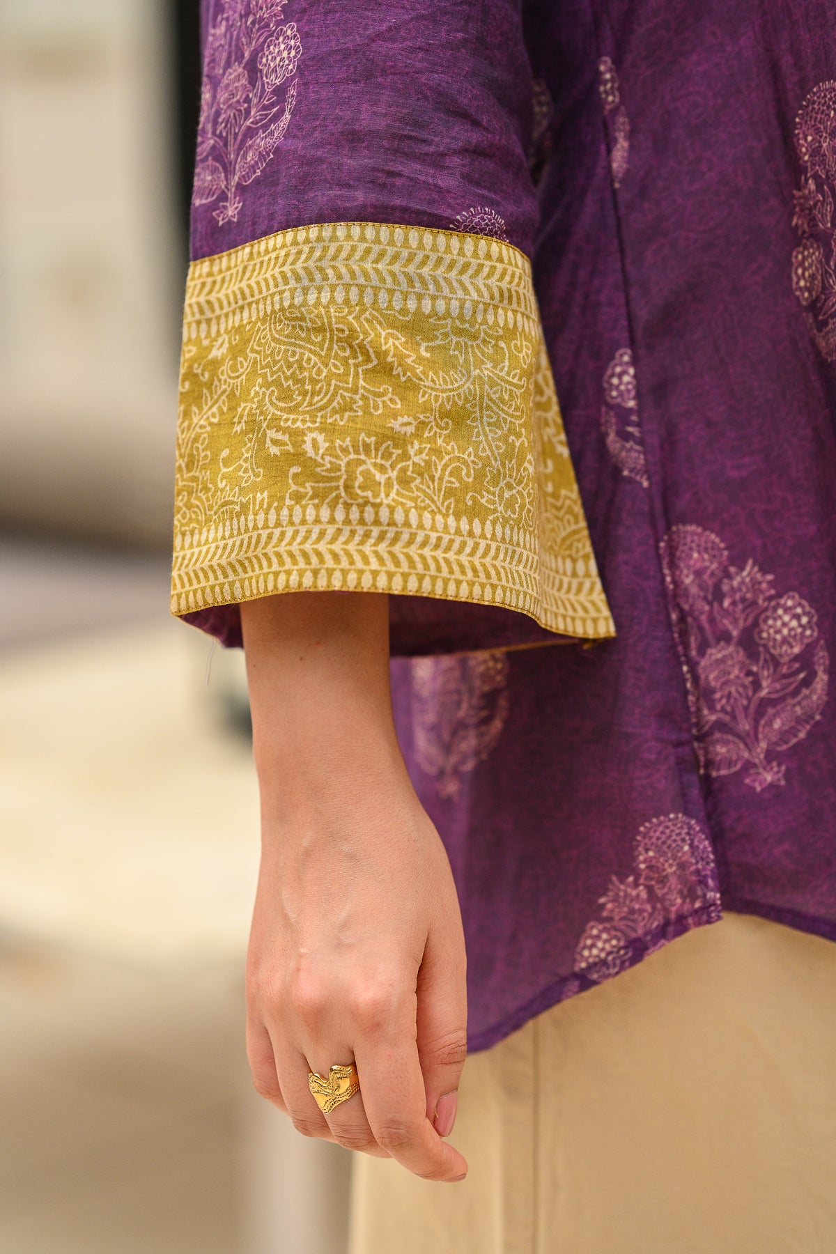 Purple and Mustard Block Panel Print Mul Chanderi Shirt