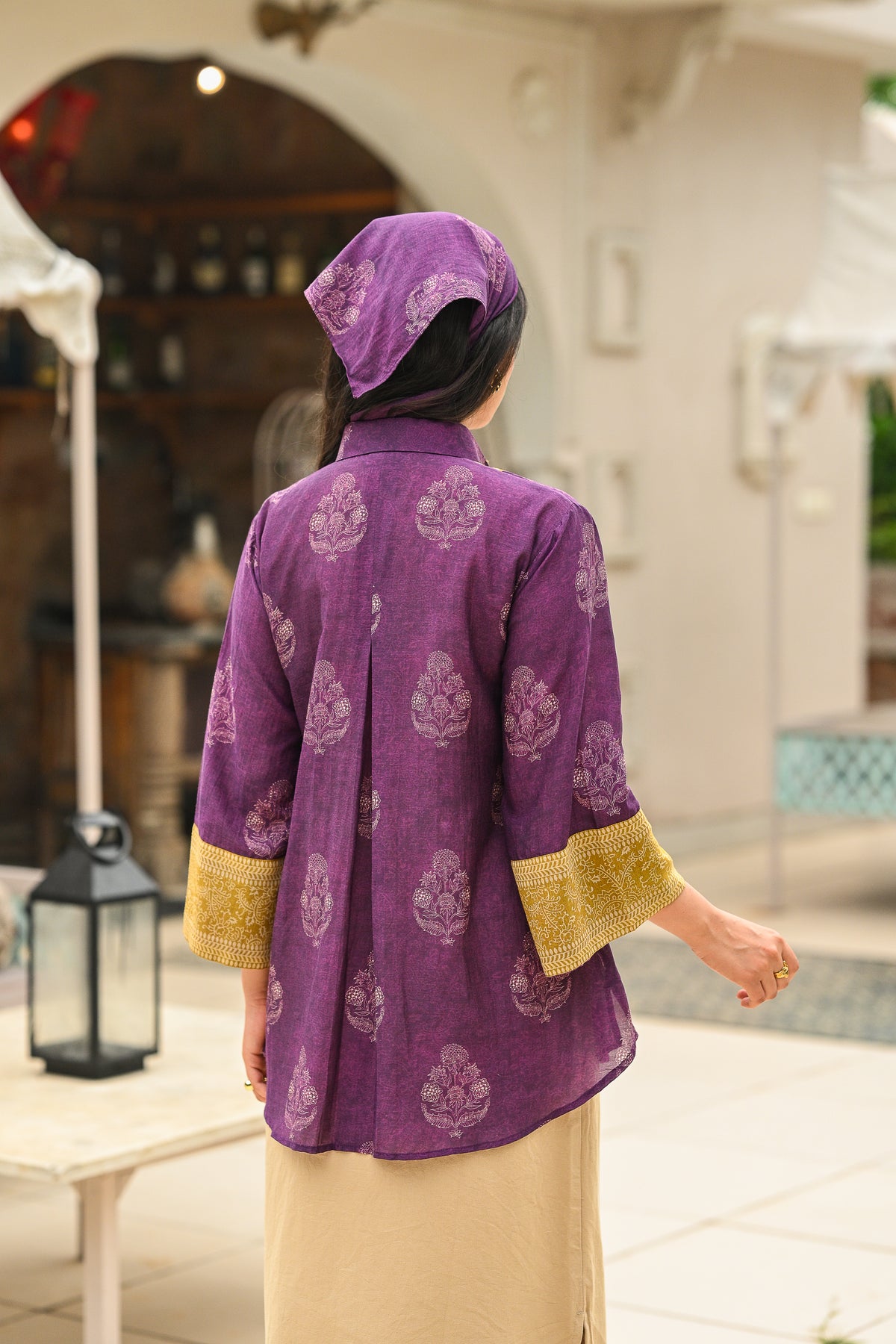 Purple and Mustard Block Panel Print Mul Chanderi Shirt