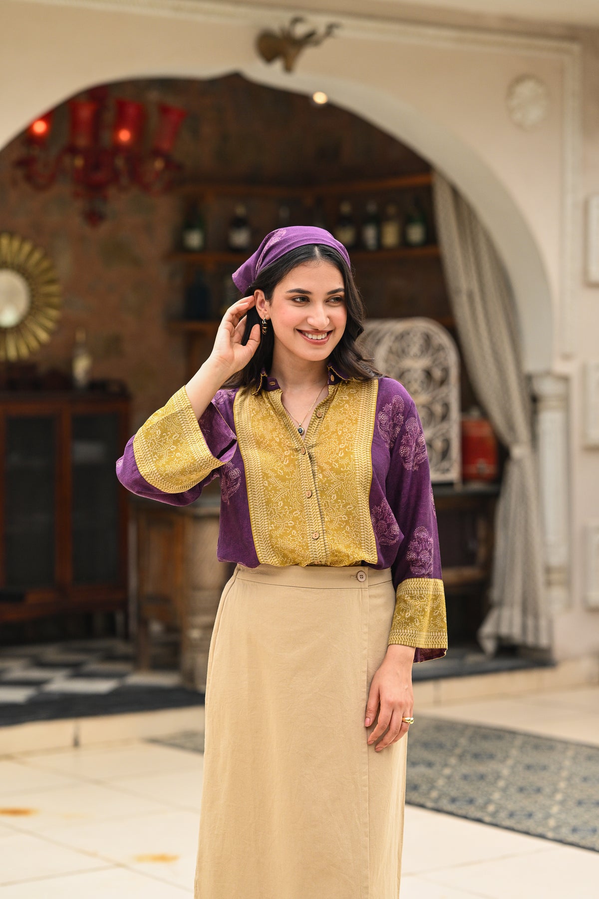 Purple and Mustard Block Panel Print Mul Chanderi Shirt
