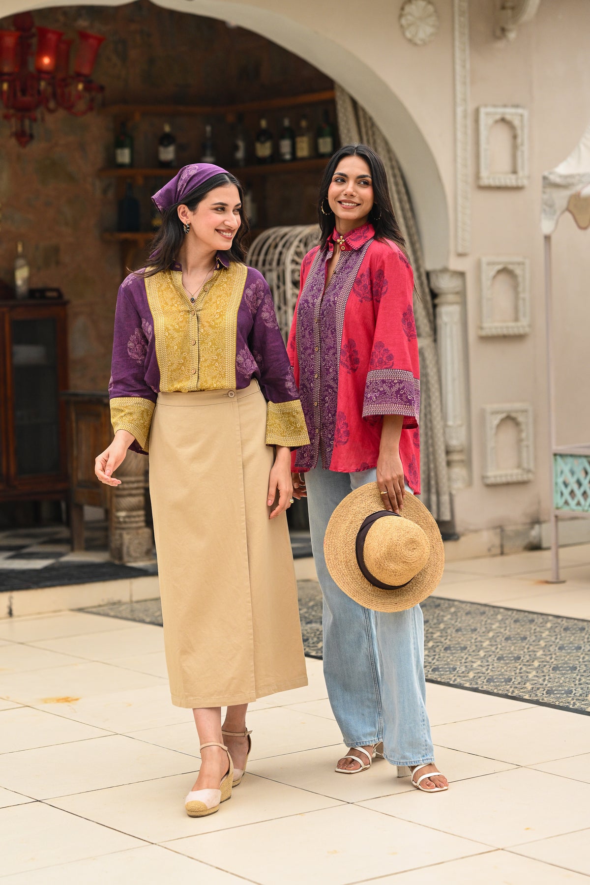 Pink and Purple Block Panel Print Mul Chanderi Shirt