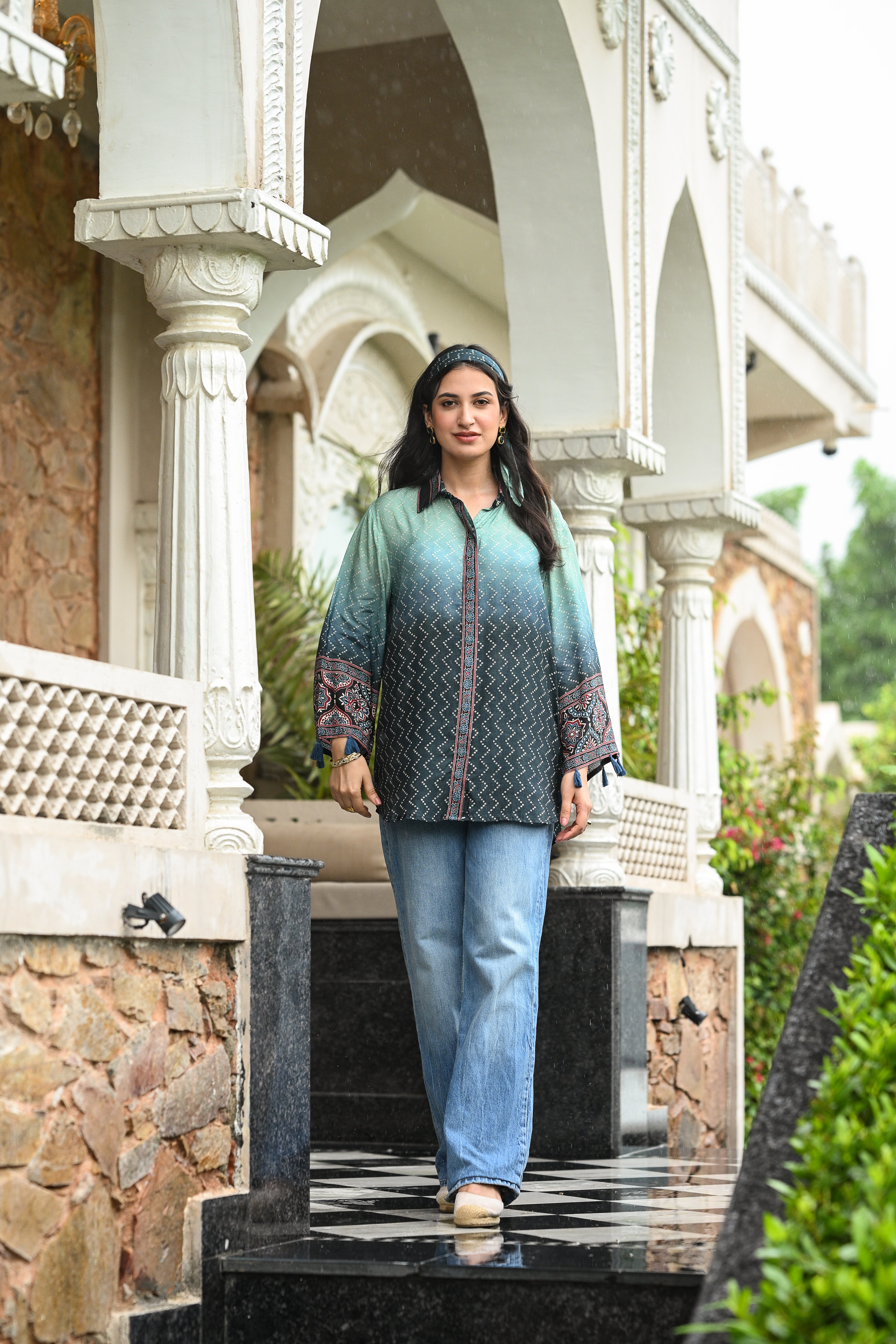 Blue Ombre Bandani Zig Zag Muslin Kurta  Shirt