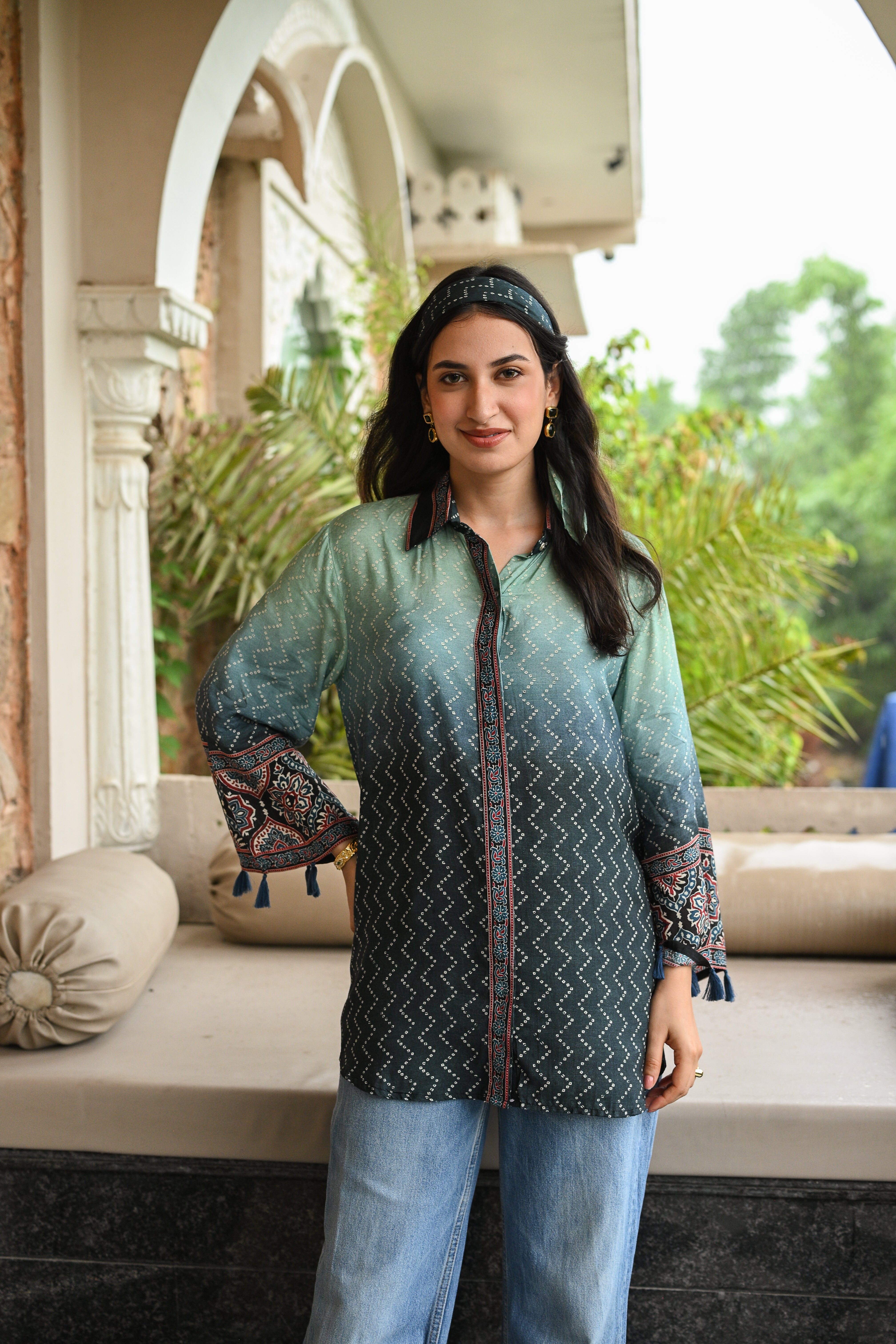 Blue Ombre Bandani Zig Zag Muslin Kurta  Shirt