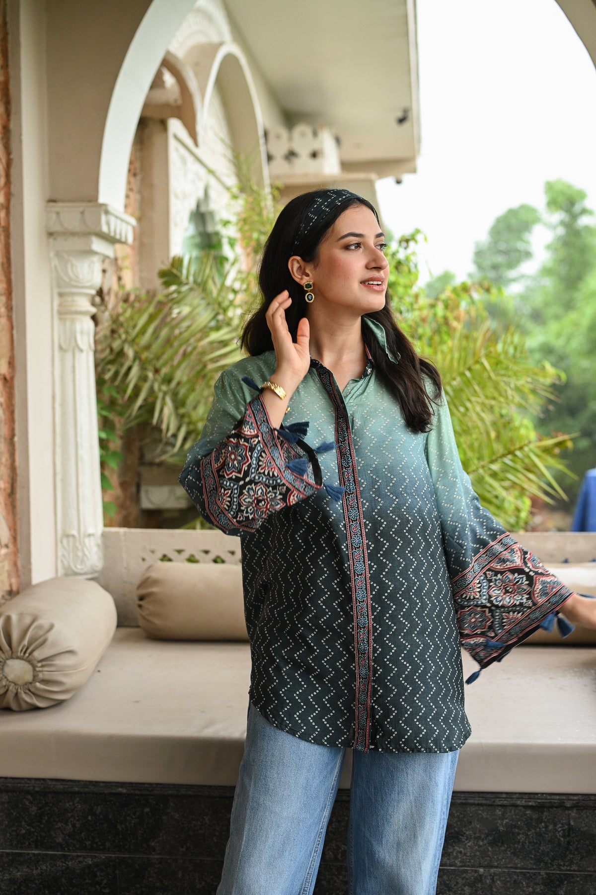 Blue Ombre Bandani Zig Zag Muslin Kurta  Shirt