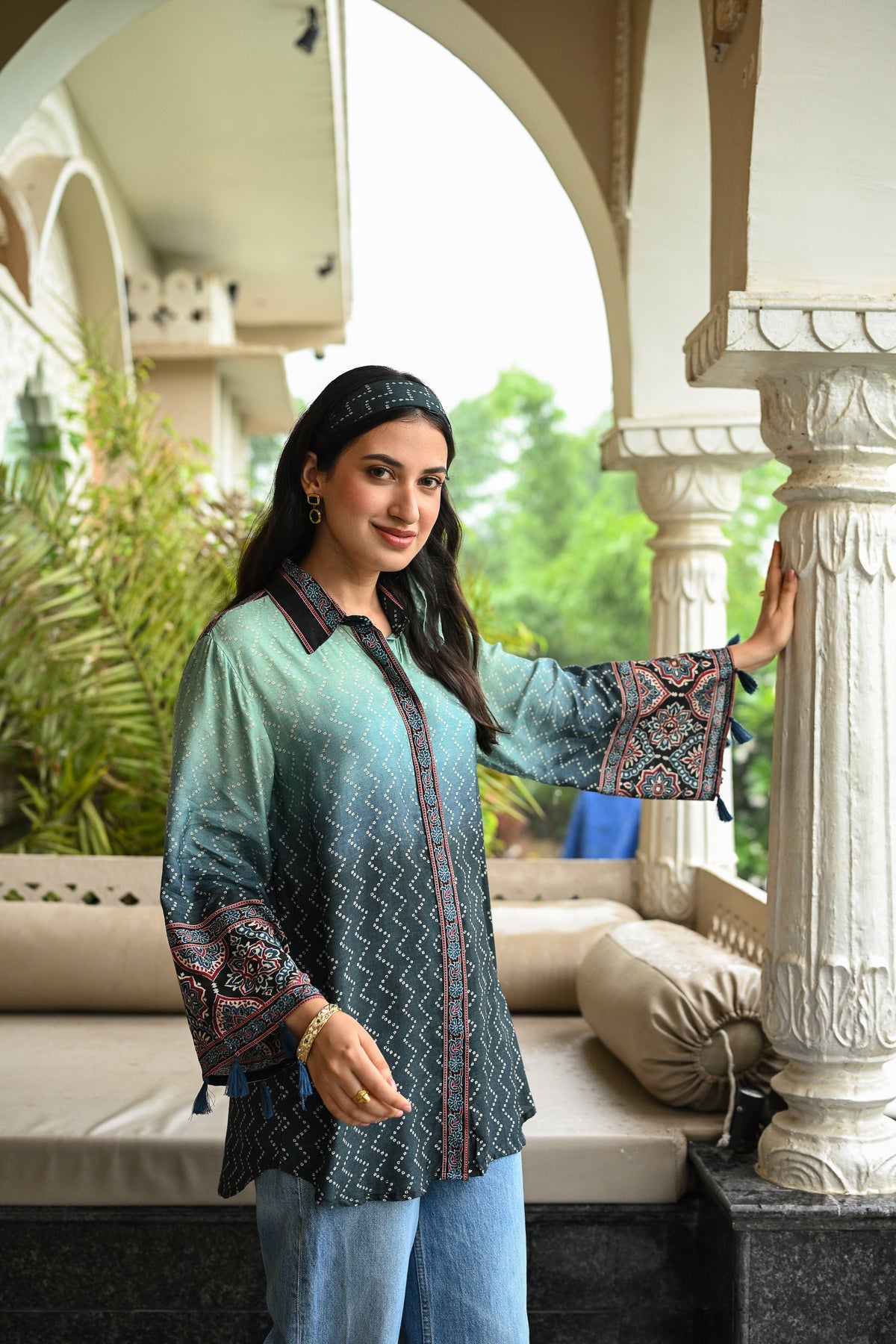 Blue Ombre Bandani Zig Zag Muslin Kurta  Shirt
