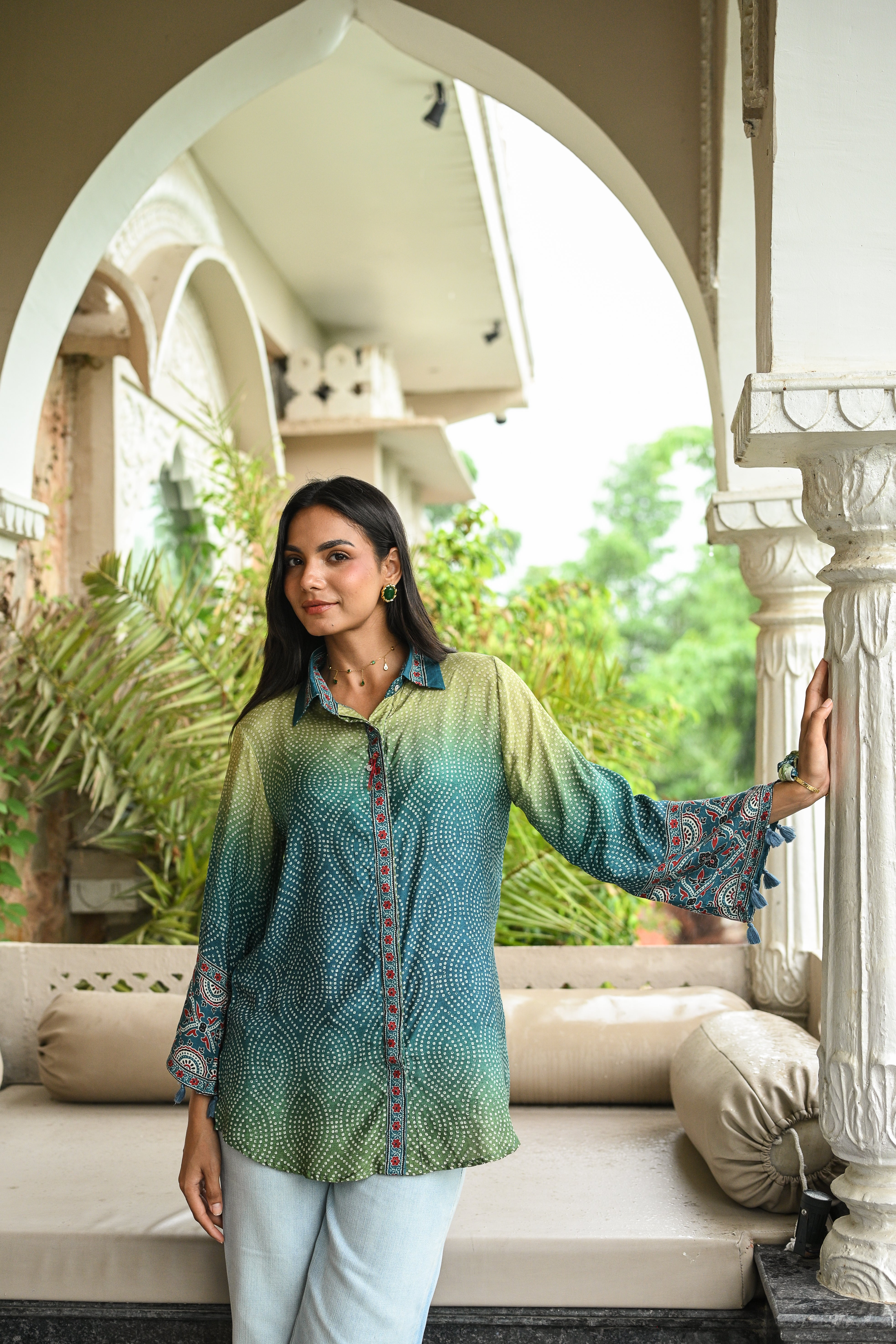 Green Ombre Bandani Zig Zag Muslin Kurta  Shirt