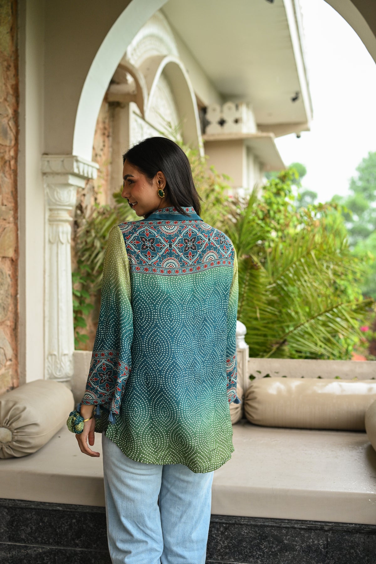 Green Ombre Bandani Zig Zag Muslin Kurta  Shirt